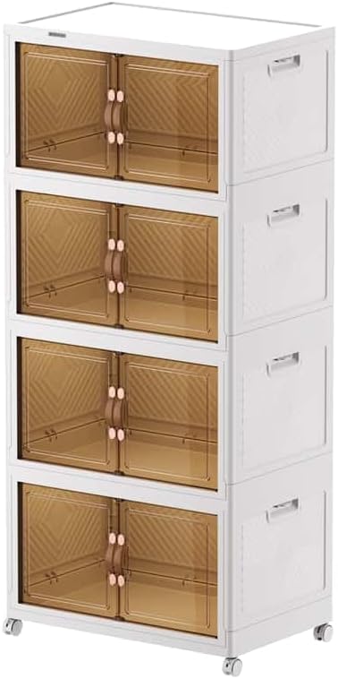 4 Tier 19.69x12.6x44.29 Collapsible Plastic Storage Bins with Lids, 36 Quart Stackable, Wheels and Double Doors, Closet Storage Cabinet Organizer, Clothing Organizer, One Lid