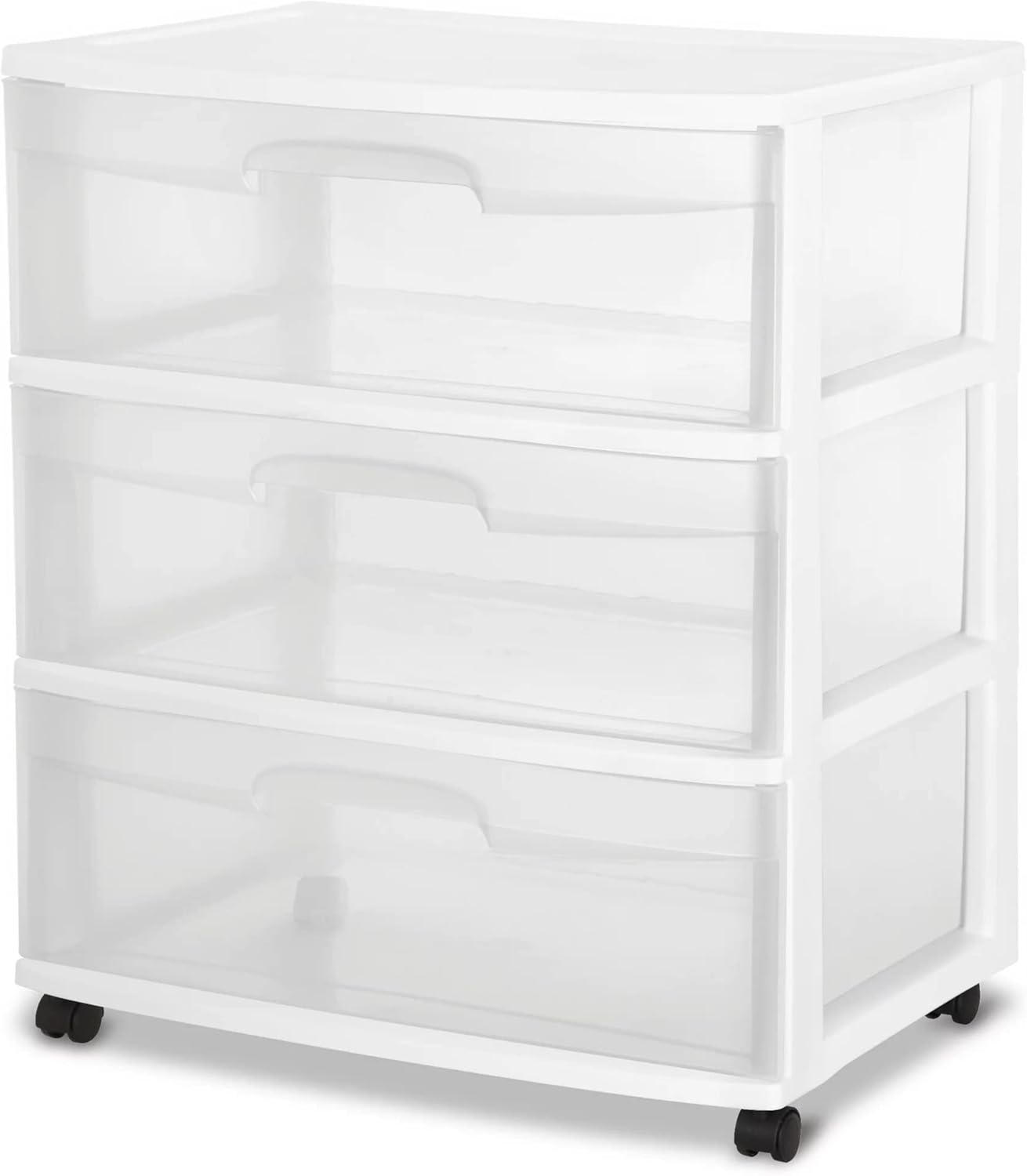 Plastic Storage Drawer Cart, Medium Home Organization Storage Container with 3 Large Clear Drawers With Wheels (White),