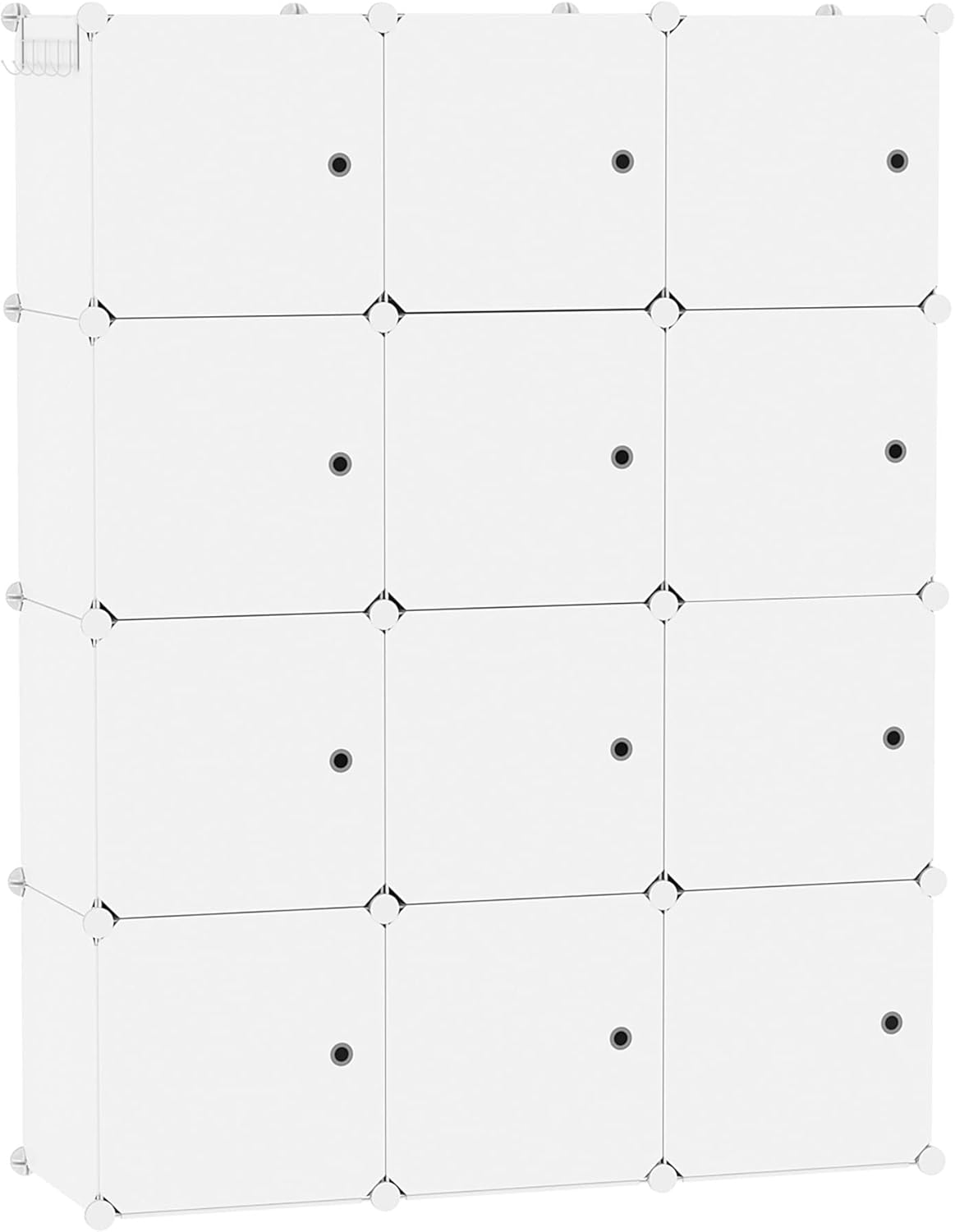 Cube Storage Organizer with Doors, 12-Cube Shelves, Closet Cabinet, DIY Plastic Modular Bookshelf Ideal for Bedroom, Living Room, 36.6”L x 12.4”W x 48.4”H Milky