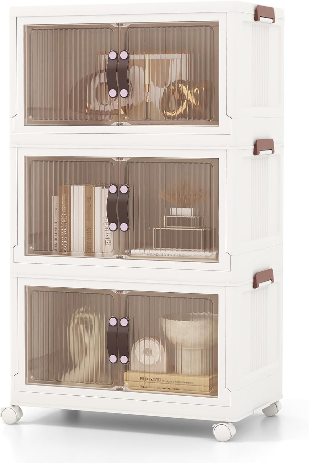 3 Tier Stackable Storage Bins, Collapsible Closet Organizers w/Wheels and Lids, Foldable Cabinet Front and Top Open, Foldable Plastic Containers for Kitchen (60 Gal (25.5" x 16" x 43.5"))