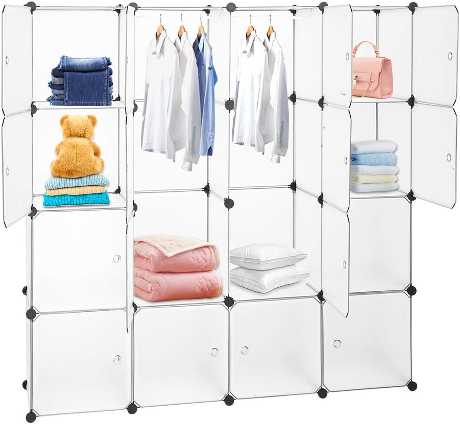 Cube Storage Organizer, 16-Cube Plastic Closet Cabinet, DIY Plastic Modular Book Shelf Unit, Cube Shelves with Doors and 2 Hanging Rods - Translucent White - Image 2