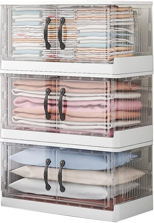 Foldable Clear Storage Cabinet With Doors And Handles - Stackable Plastic Bins For Home Office Organization