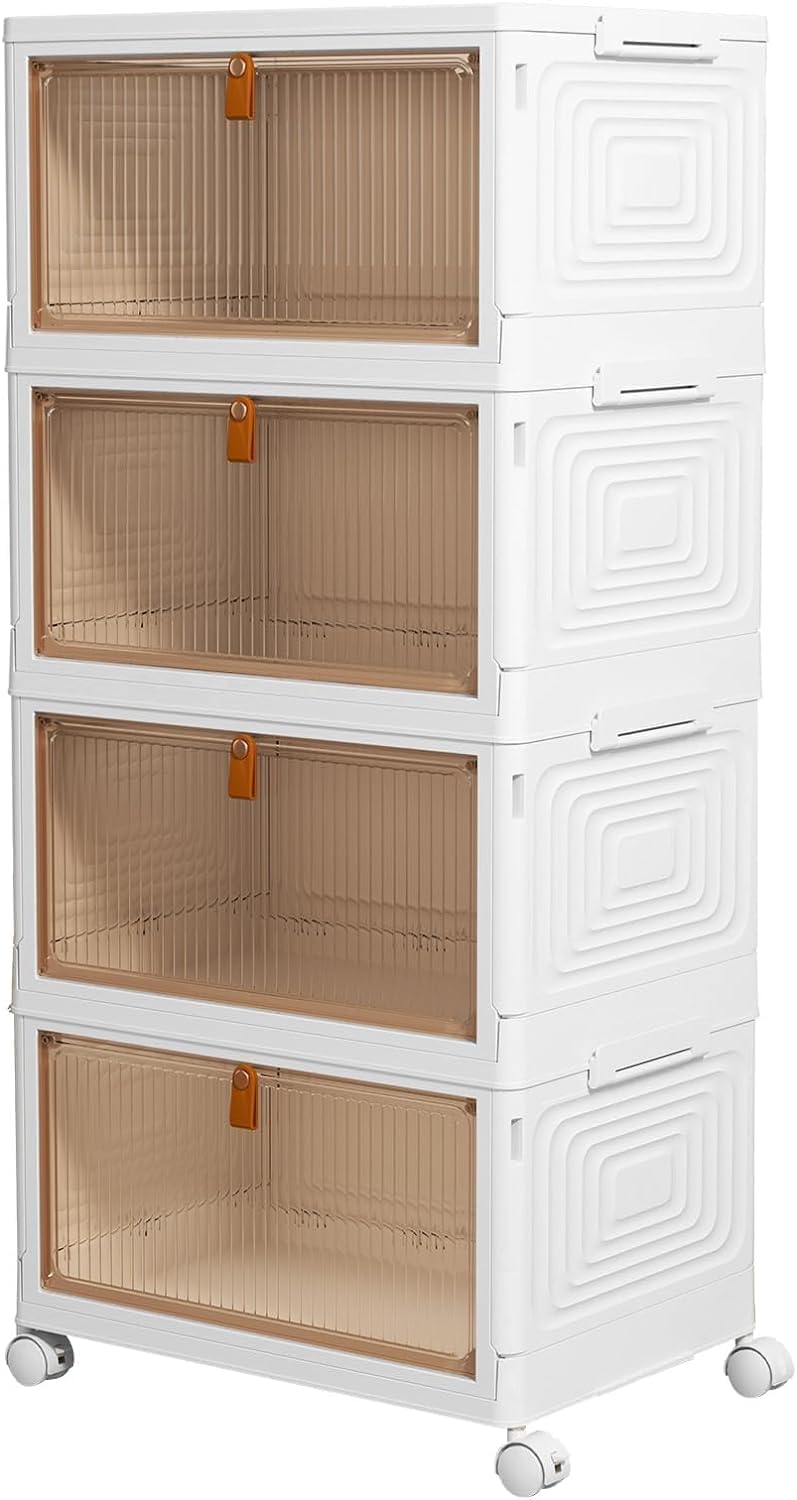White Stackable Storage Cabinet Box Plastic - Foldable Shoe Rack Rolling Closet Storage Organizer Containers With Lids & Lockable Wheels For Home, Living Room, Office, Dorm Room (4 -Tier)