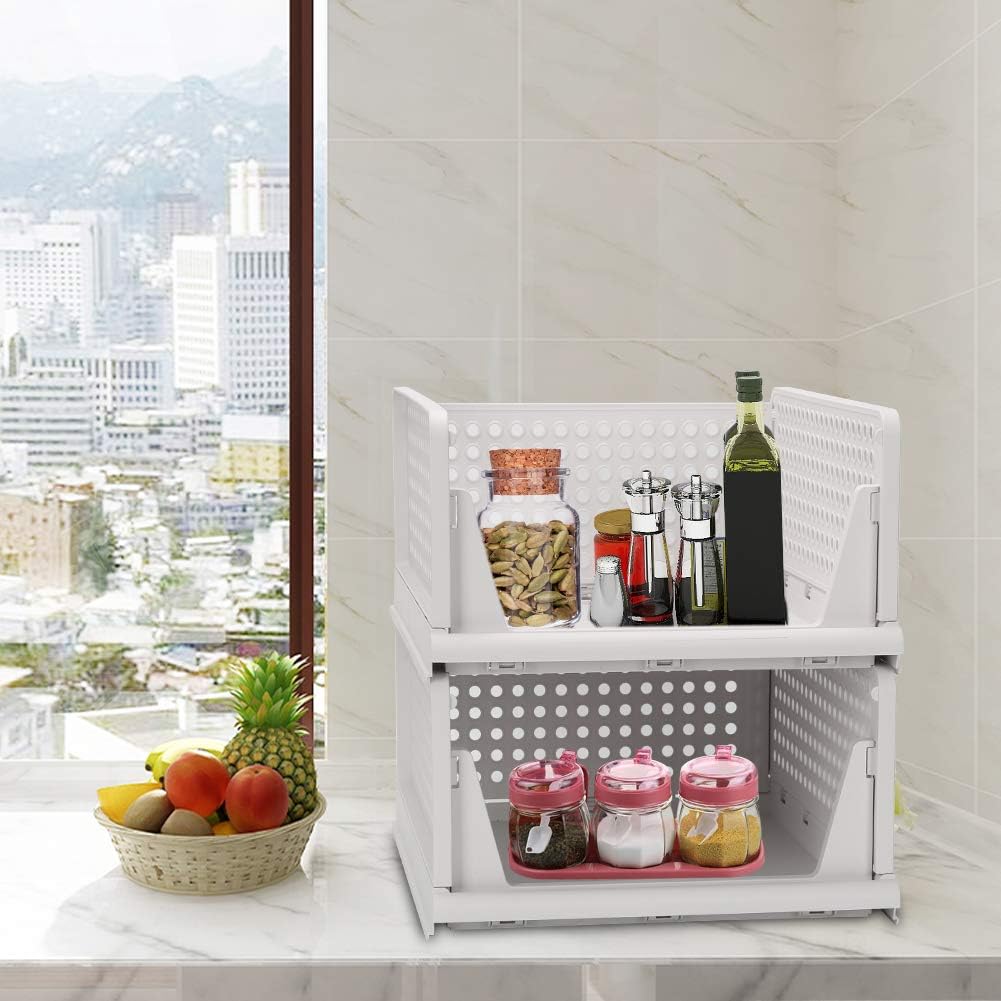 Folding Wardrobe Storage Box 4-Pack Plastic Drawer Organizer Stackable Shelf Baskets Cloth Closet Bin Cubes,Home Office Bedroom Laundry Fold Pull Out Dividers for Clothes,Toys White - Image 2