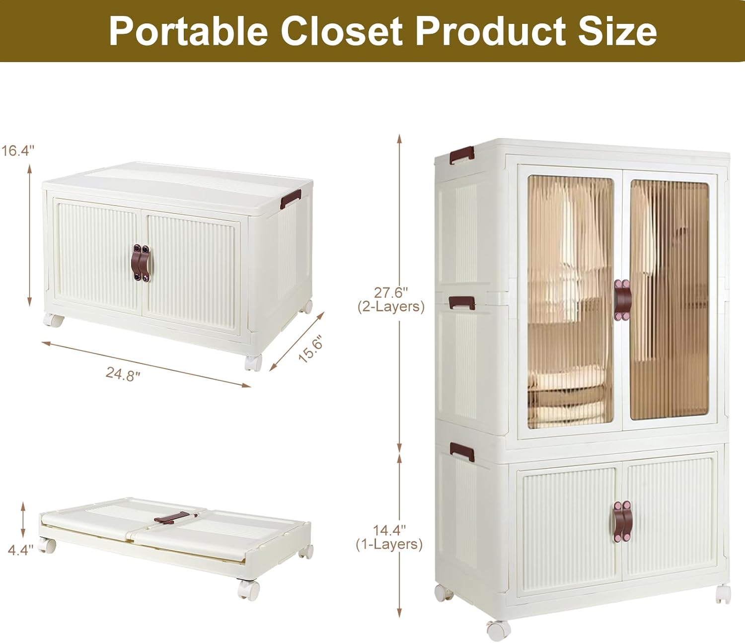 Portable Closet Wardrobe, Folding Storage Bins with Lid, Stackable Storage Box with Hanging Rod and Doors, Collapsible Plastic Clothes Cabinet with Wheels, 10 Hangers - Image 2