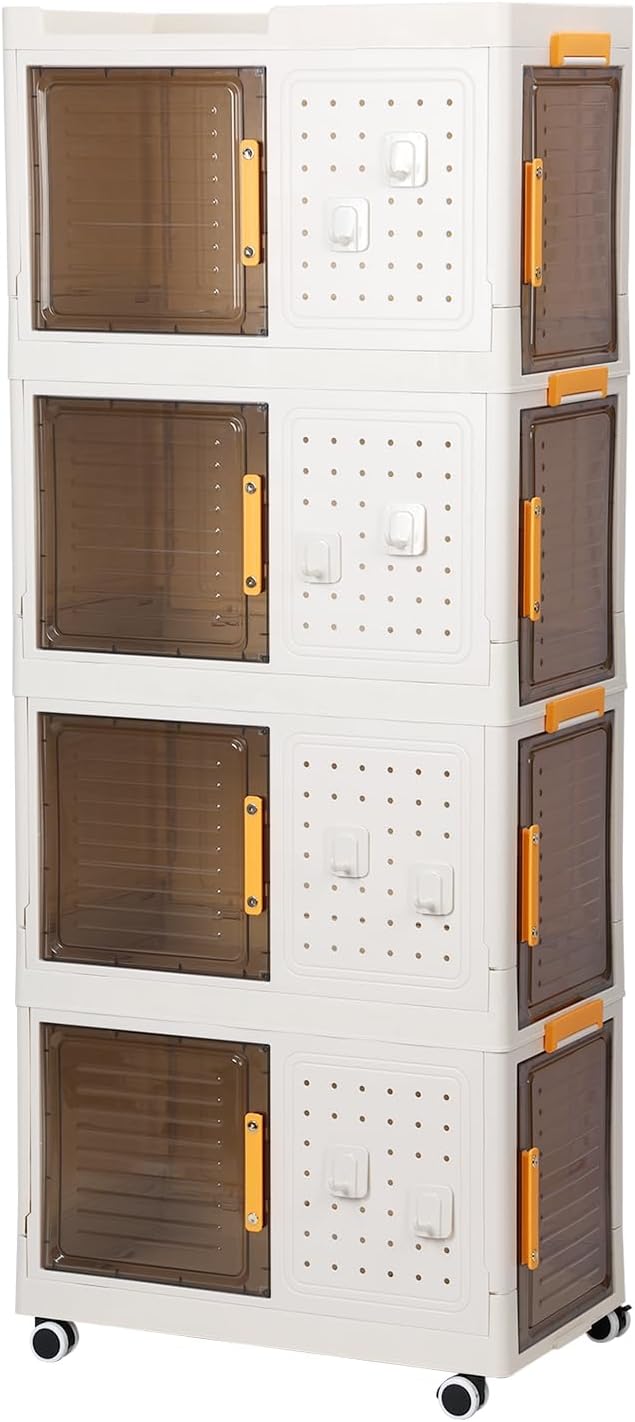 Foldable Storage Cabinet, 4 - Tier Stackable Organizer with Transparent Lids & Wheels, Multifunctional Closet for Bathroom, Bedroom, Kitchen, White