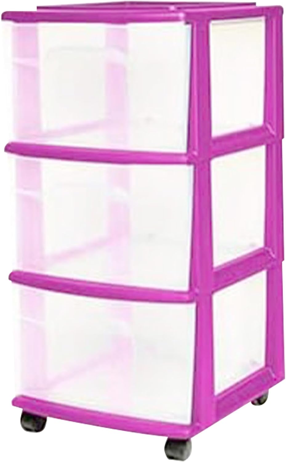 Drawer Tower, 3-Tier Clear Plastic Storage Organizer Cart, Purple Frame - Rolling Drawer Containers with Wheels for Bathroom, Bedroom, Office, and Classroom Organization