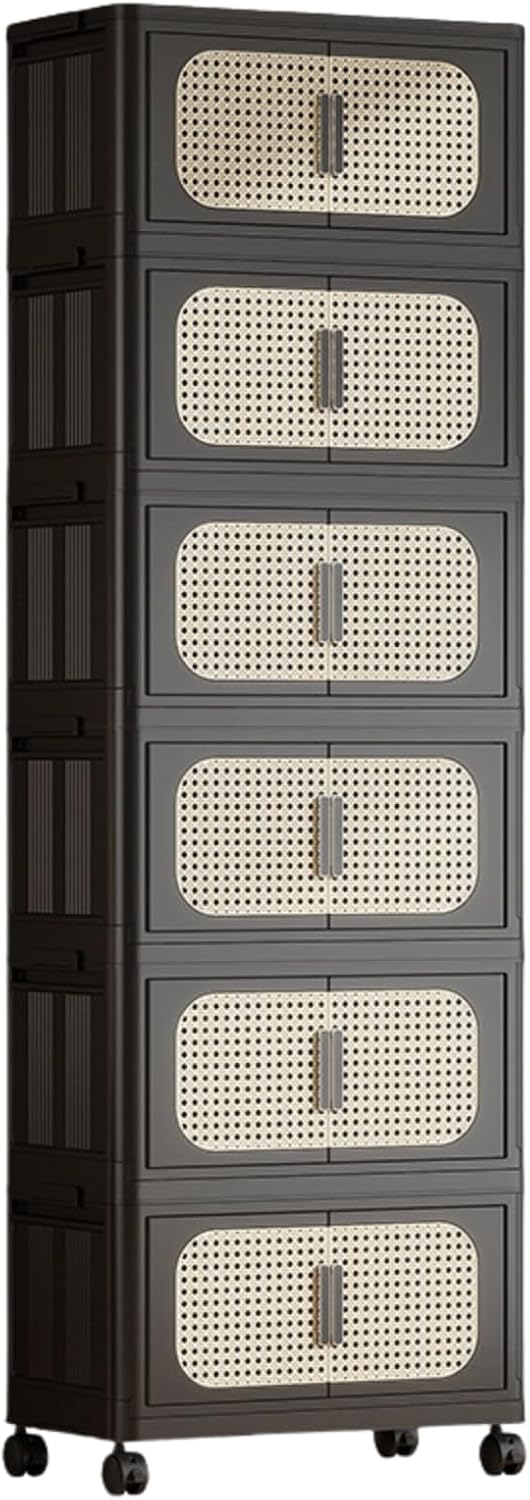 Foldable Storage Cabinet with Lids - 6 Tier Stackable Storage Cabinet Design on Brake Casters for Toys, Clothes & Home Organization