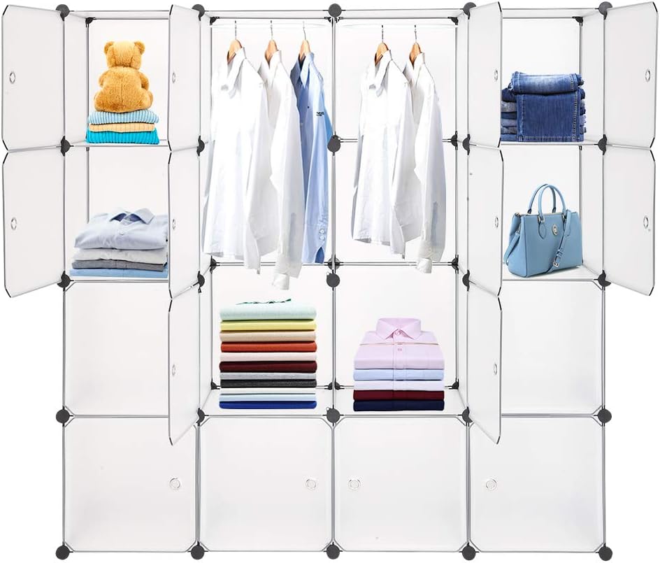 Cube Storage Organizer, 16-Cube Plastic Closet Cabinet, DIY Plastic Modular Book Shelf Unit, Cube Shelves with Doors and 2 Hanging Rods - Translucent White