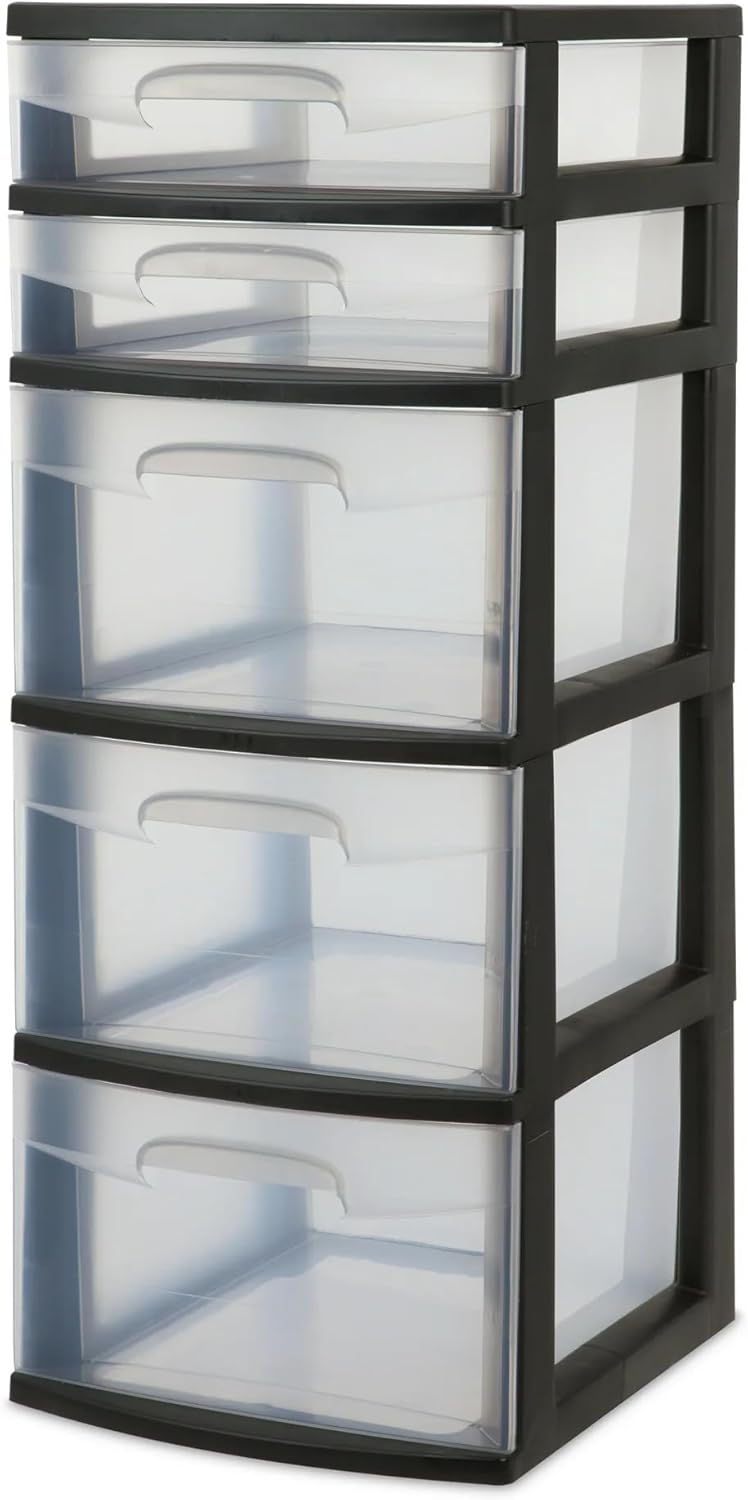 Plastic 5 Drawer Wide Tower, Black