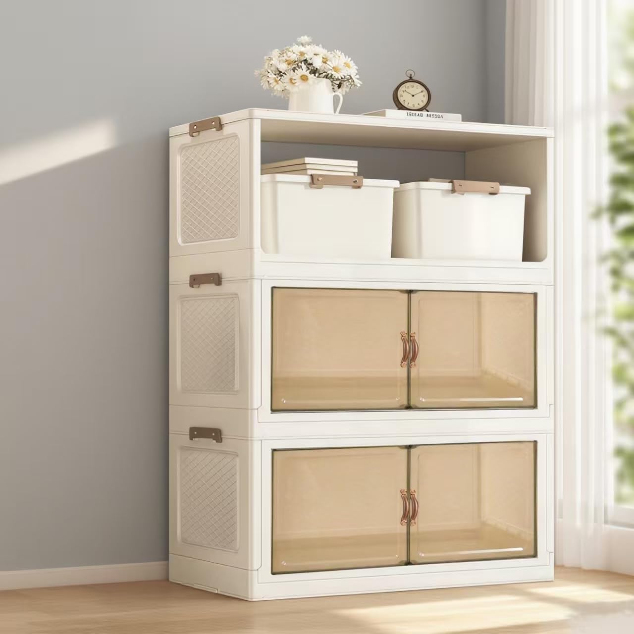Stackable Storage Bins with Lids,Plastic Storage Cabinet & Collapsible Storage Bins for Bedroom,Living Room&Outdoor-Stackable Open Front Design&Durable Plastic Bins for Storage with Lids,3Tier,360QT