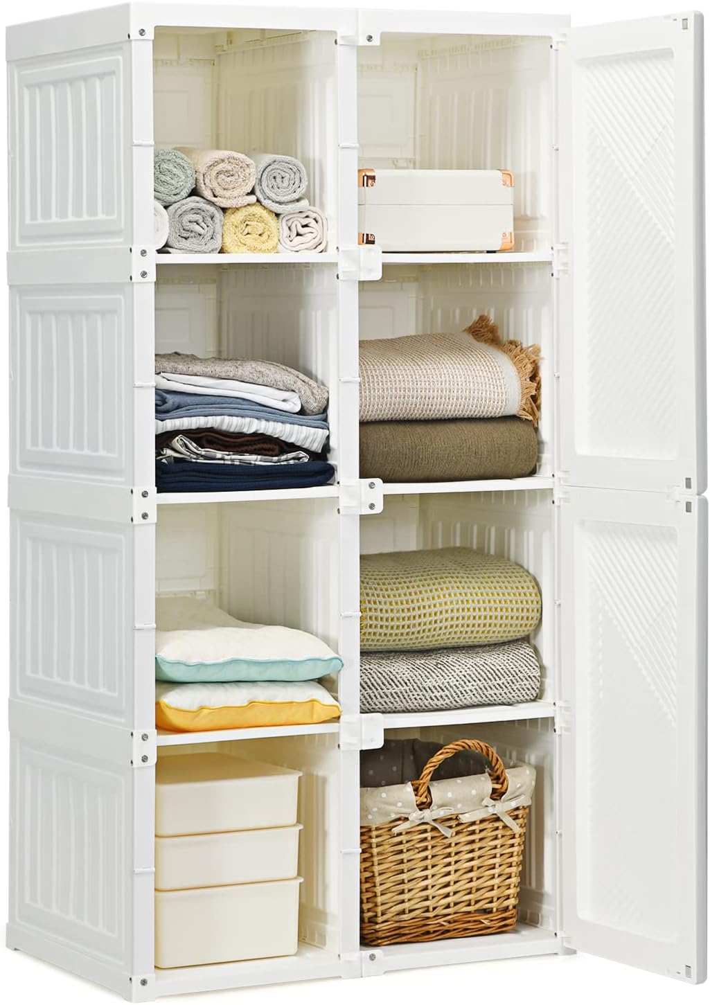Portable Closet Wardrobe, Foldable Clothes Organizer with Cubby Storage, Hanging Rods, Easy Assemble Clothing Storage with Magnet Doors, Folding Bedroom Armoire (8 Cubbies)