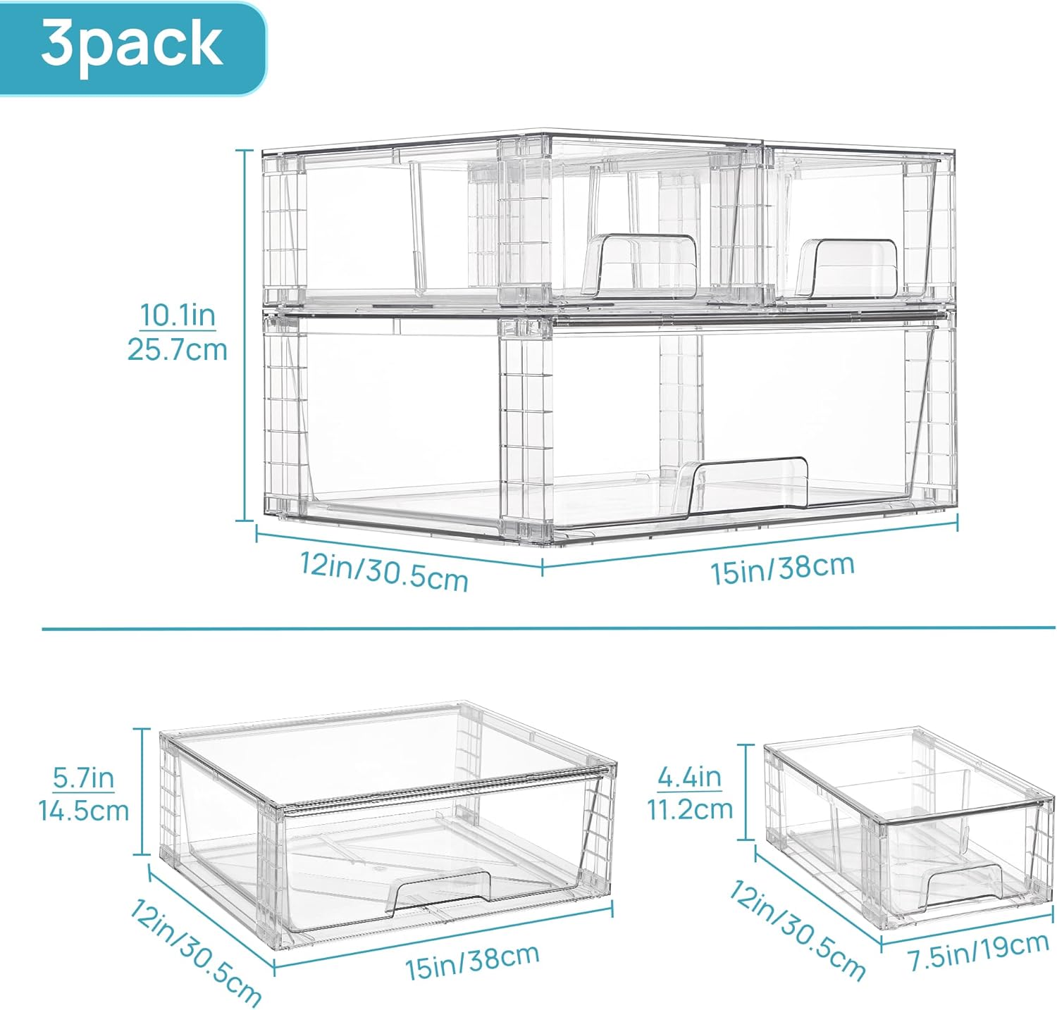 3 Pack Stackable Storage Drawers, Easily Assemble Acrylic Bathroom Undersink Organizers,Clear Plastic Storage Bins for Closet,Cabinet,Pantry,Medicine Organization - Image 2