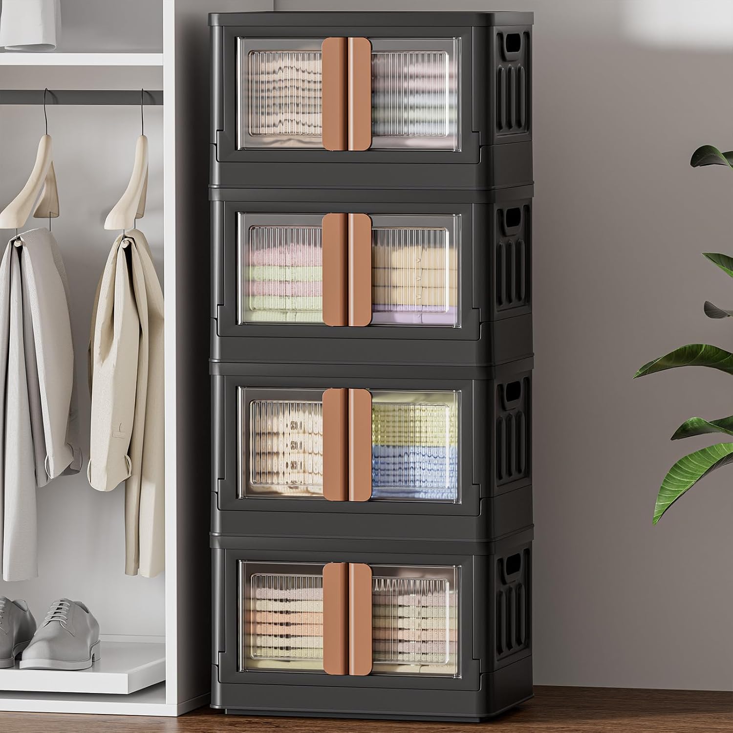 Storage Bins with 4 Lids - 8.4 Gal Closet Cabinet 4 Pack Plastic Stackable Organizers with Front Opening Door Black Foldable Storage Box for Home Garage Office Craft