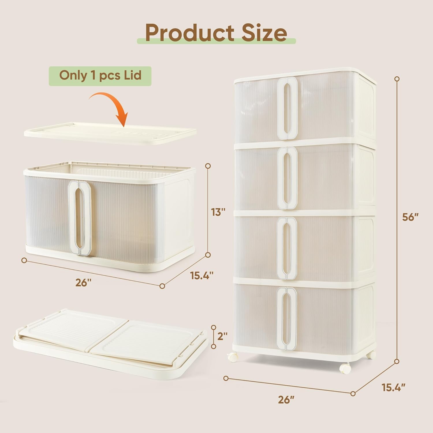 360 QT Stackable Storage Bins with Lid, Folding Storage box with Wheels, Collapsible Plastic Storage Bins for Closets, Stackable Storage Organizer, Storage Containers, 4Pack, White - Image 2