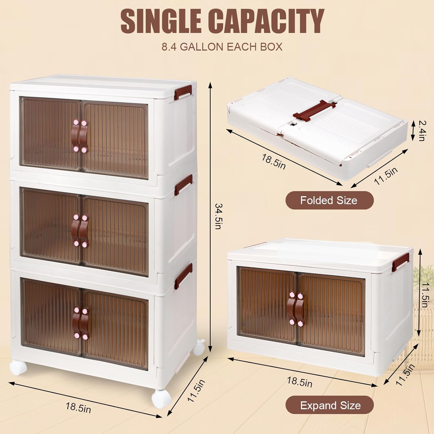 3 Tier Storage Bins with Lids, 34QT Stackable Storage Bins with Wheels, Collapsible Closet Organizers and Storage, Folding Plastic Storage Bins with Doors for Living-room, Office, Dorm - Image 2
