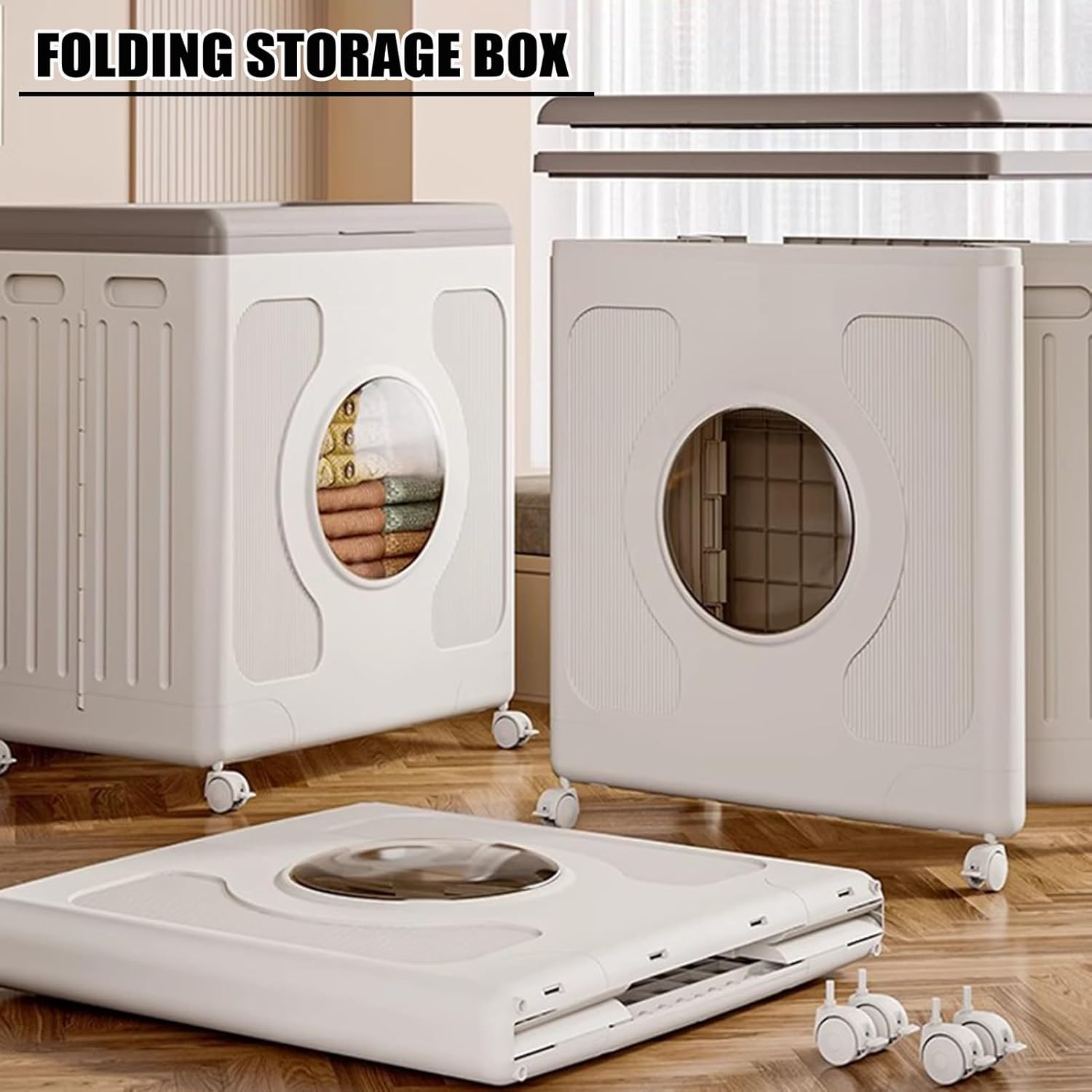 Modern Folding Large Storage Box 160L With Lid And Wheels, Storage Bin For Clothes And Blankets Organization, Plastic Storage Cabinet For Home Office - Image 2
