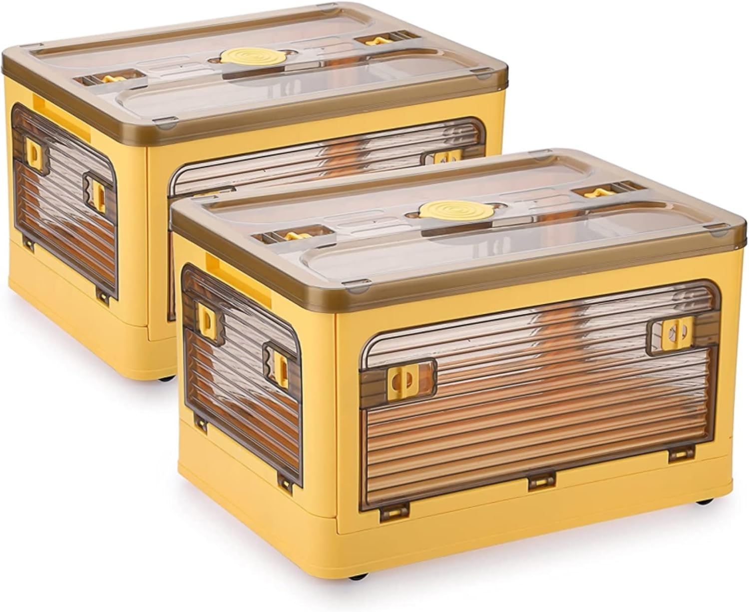Folding Storage Bins, 28 Liters, 2 Pcs Yellow Plastic Storage Containers with Wheels, Four Doors, Foldable, Stackable, Plastic Box with Lids for Organization, Storage Cart