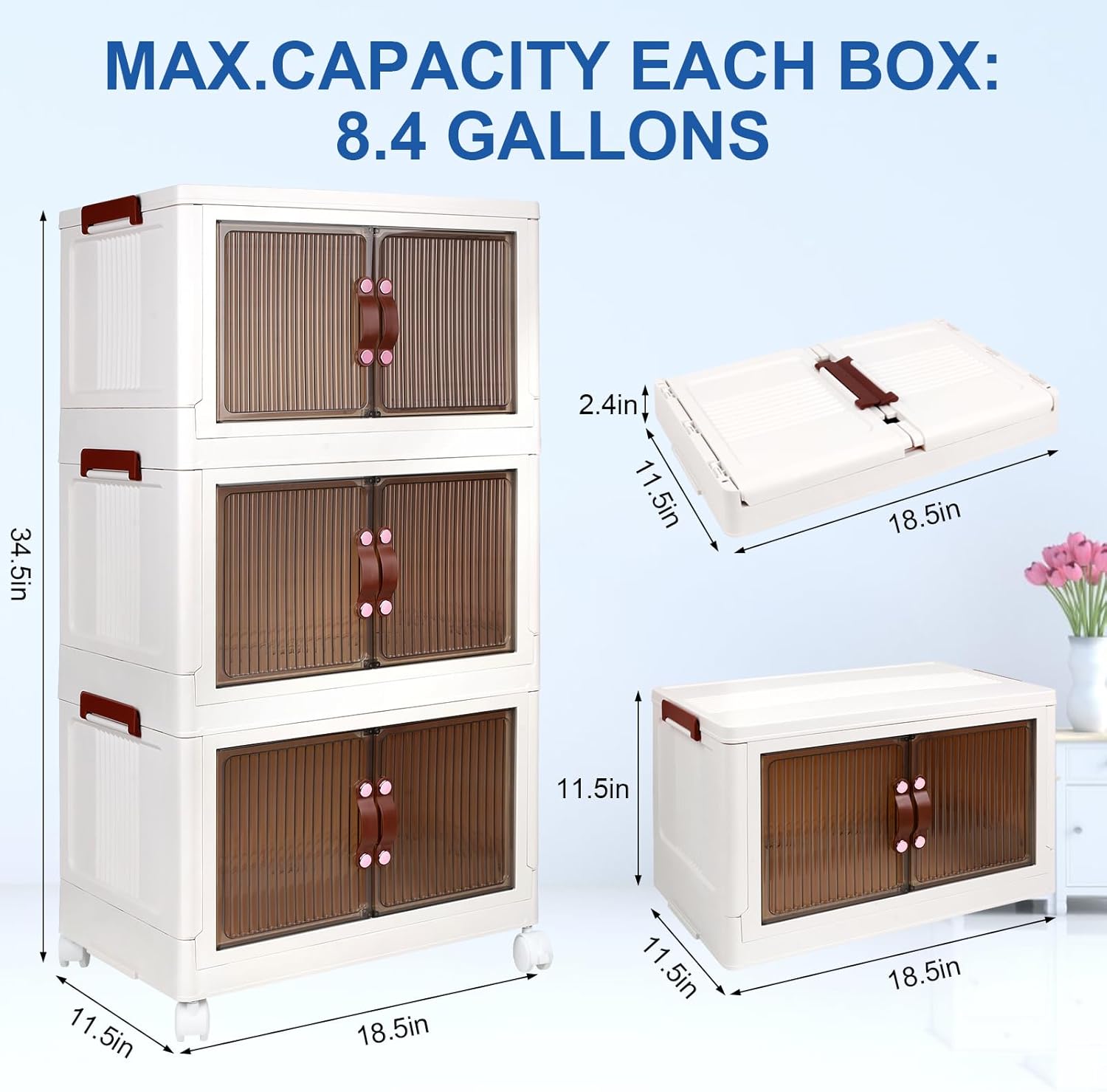 Storage Bins with Lids, 3 Pack Multifunctional Collapsible Storage Containers with Wheels, 8.4Gal Clear Plastic Clothes Closet Organizer for Home and Office (White) - Image 2