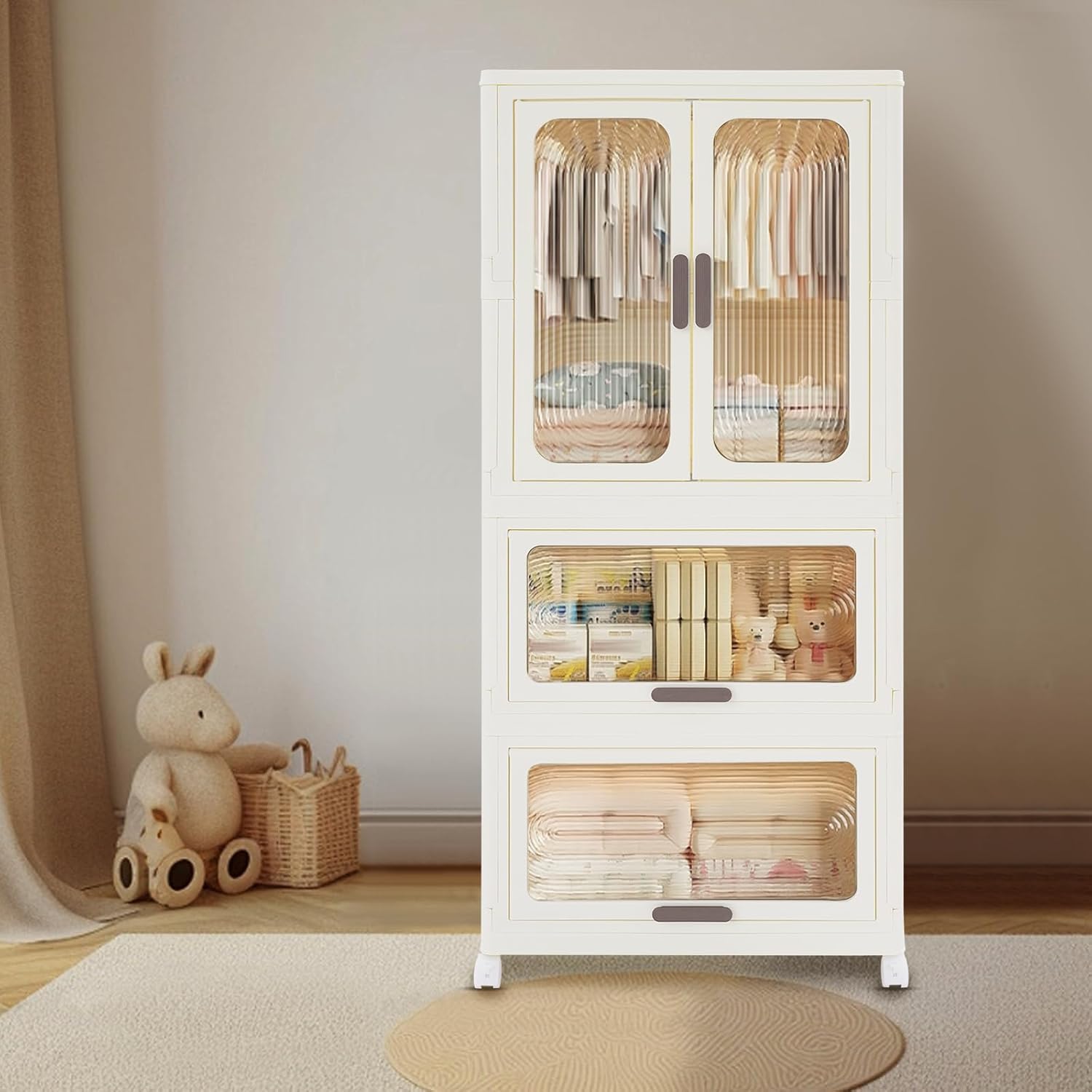 Portable Wardrobe Closet, Closet Storage Organizer with 1 Wardrobe & 2 Tier Folding Cabinets, Clothing Storage for Home Bedroom, Living Room, 22 x 13 x 51 Inches (Clear) - Image 2