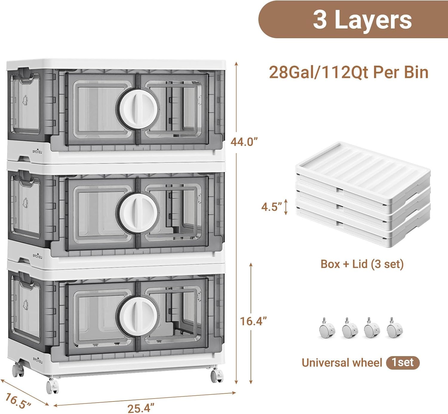 112QT Storage Bins with Lids, Stackable Collapsible Storage Bins with Wheels, Closet Organizers and Storage, Folding Plastic Cabinet with Doors for Home Office Garage, 3Pack White & Grey - Image 2