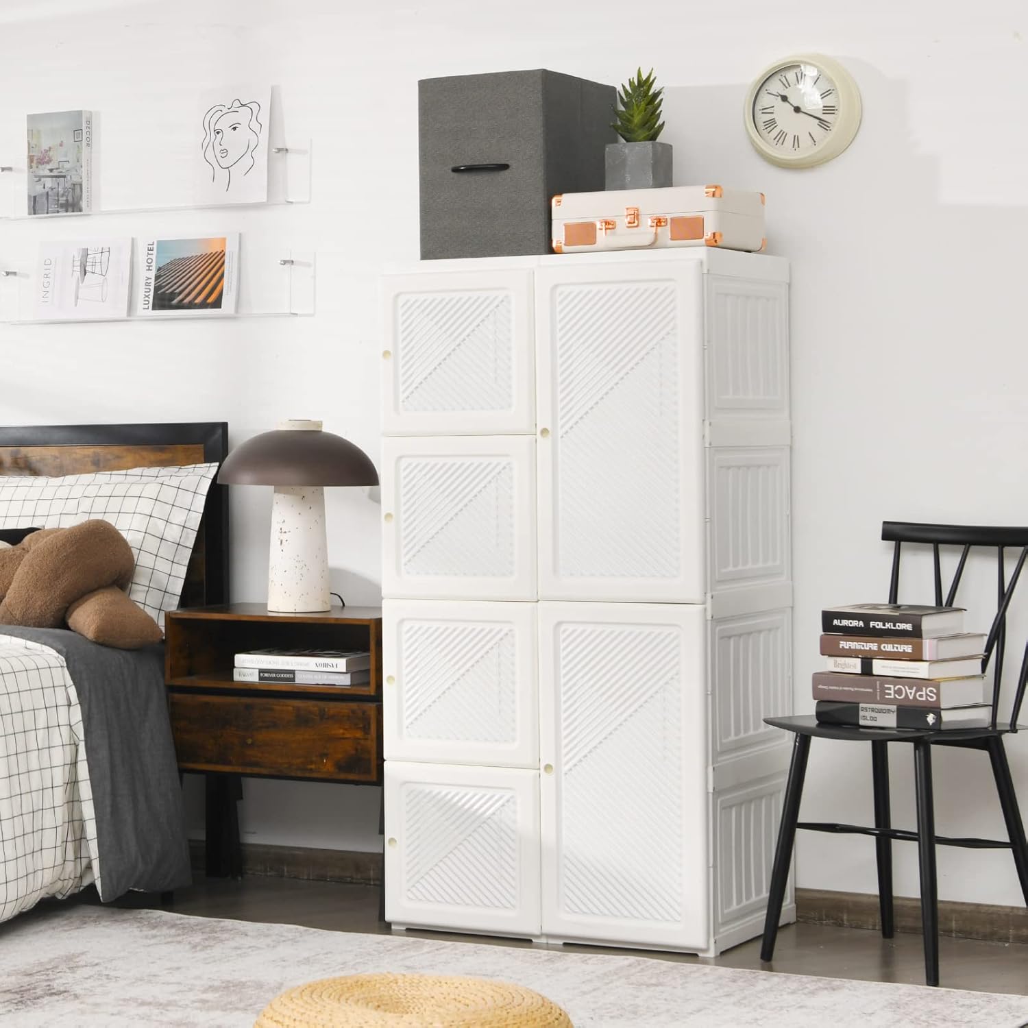 Portable Closet Wardrobe, Foldable Clothes Organizer with Cubby Storage, Hanging Rods, Easy Assemble Clothing Storage with Magnet Doors, Folding Bedroom Armoire (8 Cubbies) - Image 2