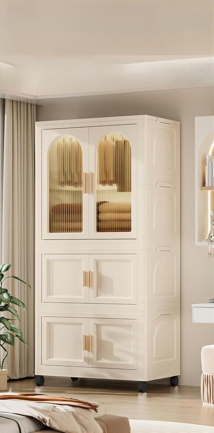 25.59 Inches Wide Folding Wardrobe with Magnetic Door, Plastic Storage Cabinet with Wheels-Includes 1 Wardrobe, 3 Folding Boxes & 10 Hangers (Cream White)