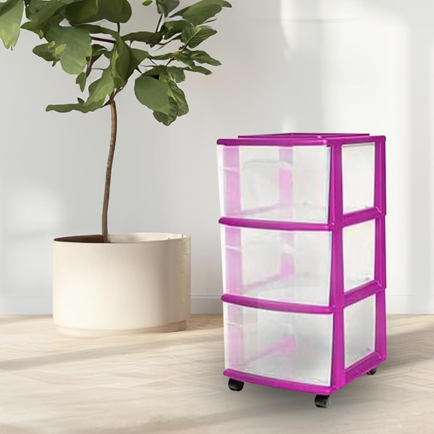 Drawer Tower, 3-Tier Clear Plastic Storage Organizer Cart, Purple Frame - Rolling Drawer Containers with Wheels for Bathroom, Bedroom, Office, and Classroom Organization - Image 2