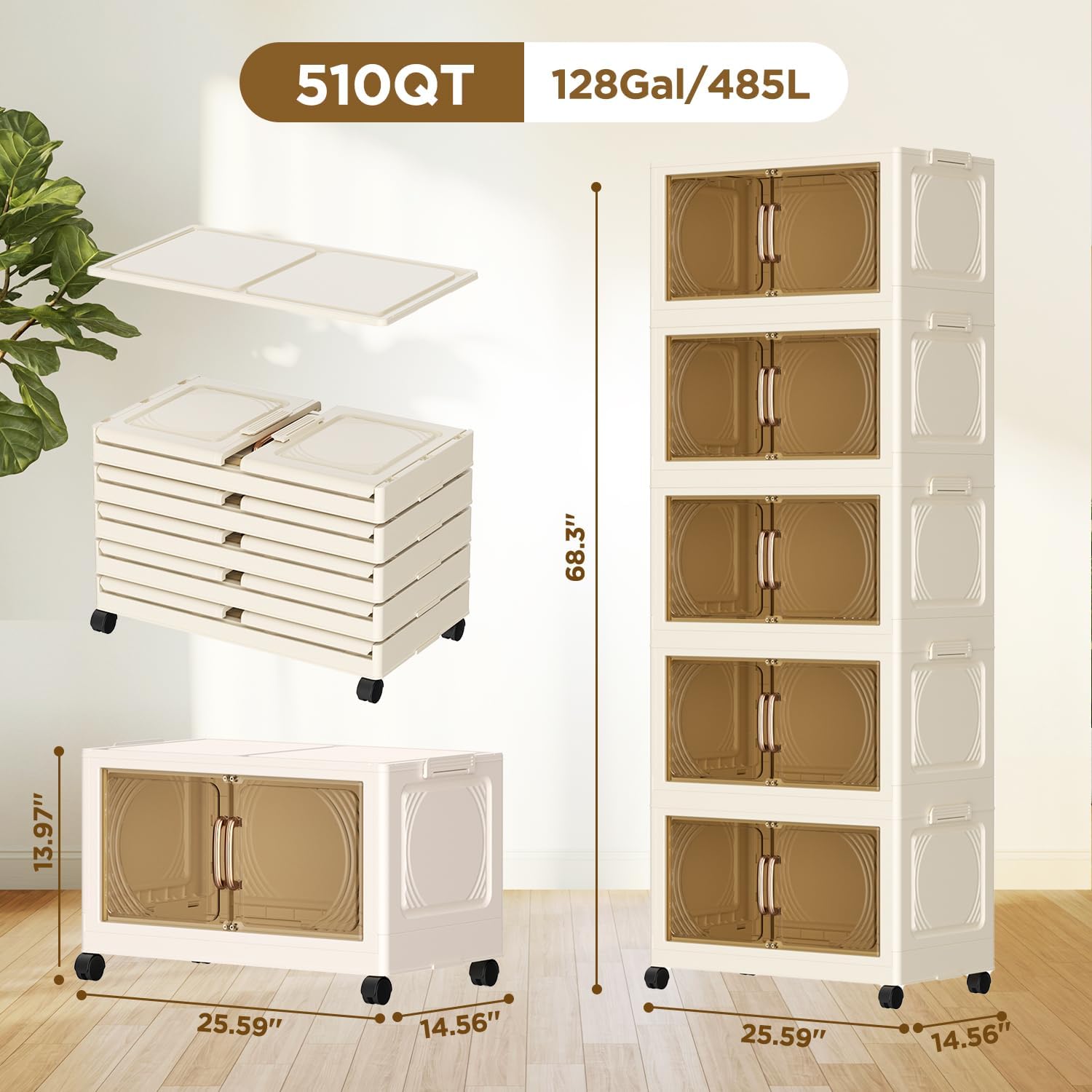 102QT Plastic 5 Tier Storage Bins with Lids,Folding Storage Box with Doors and Wheels Stackable Storage Bins,Closet Organizers and Storage for Living Room,Office,Dorm - Image 2