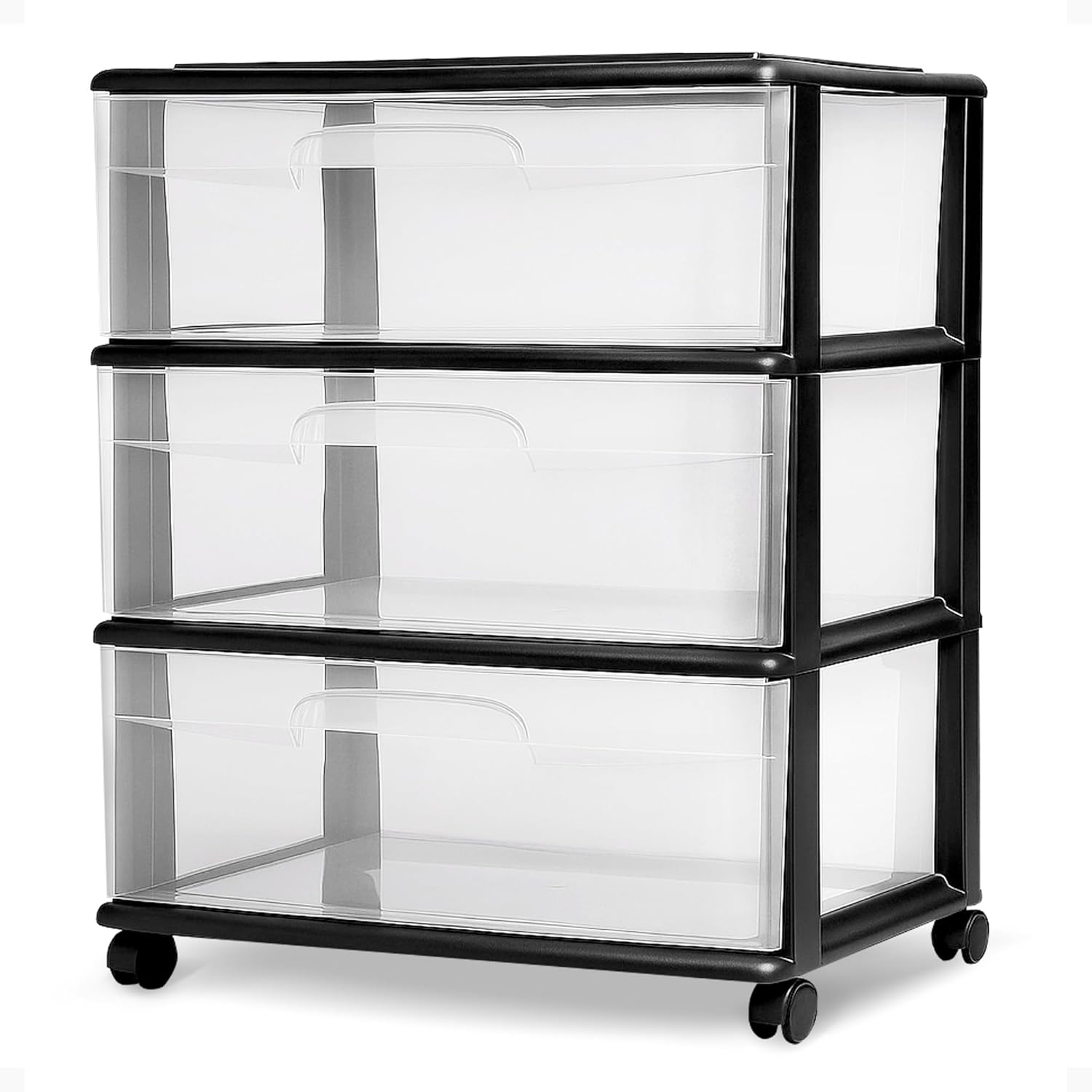Drawer Tower, 3-Tier Wide Clear Plastic Storage Organizer Cart, Black Frame - Organizing Containers with Wheels for Home, Bathroom, Bedroom, Office, and Classroom