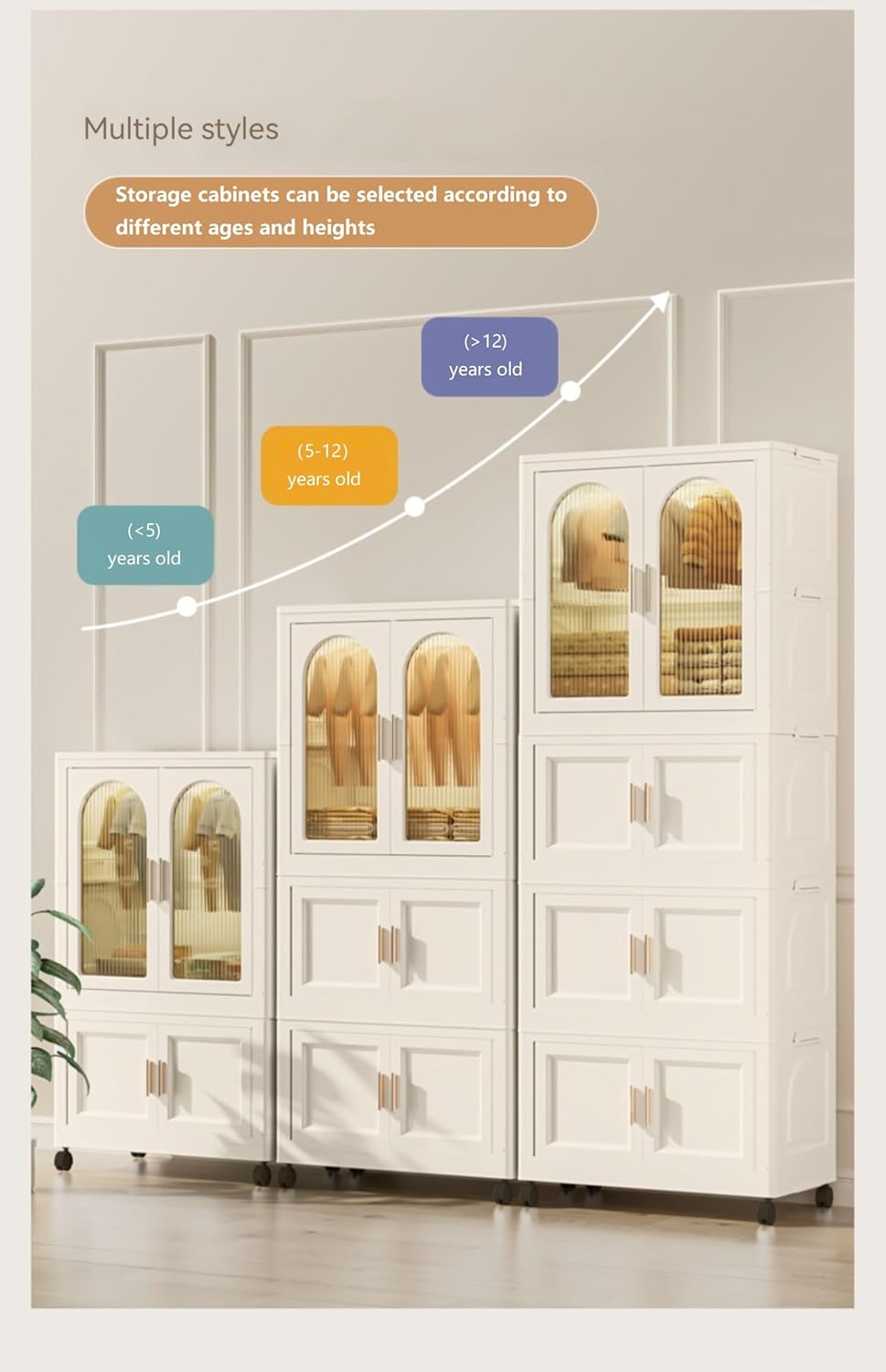 25.59 Inches Wide Folding Wardrobe with Magnetic Door, Plastic Storage Cabinet with Wheels-Includes 1 Wardrobe, 3 Folding Boxes & 10 Hangers (Cream White) - Image 2