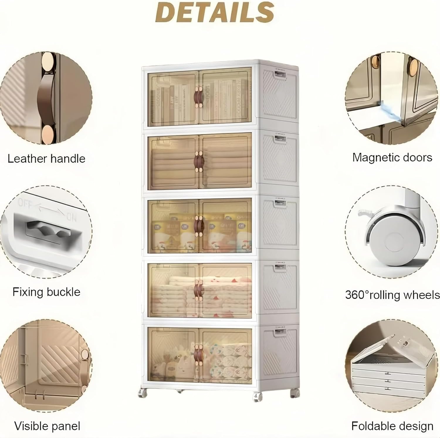 5-Tier Closet Organizer and Storage with 1 Lid, 95 Gal Stackable Storage Bins with Lids and Wheels, Folding Storage Boxes with Open Front Door for Closet and Office - Image 2