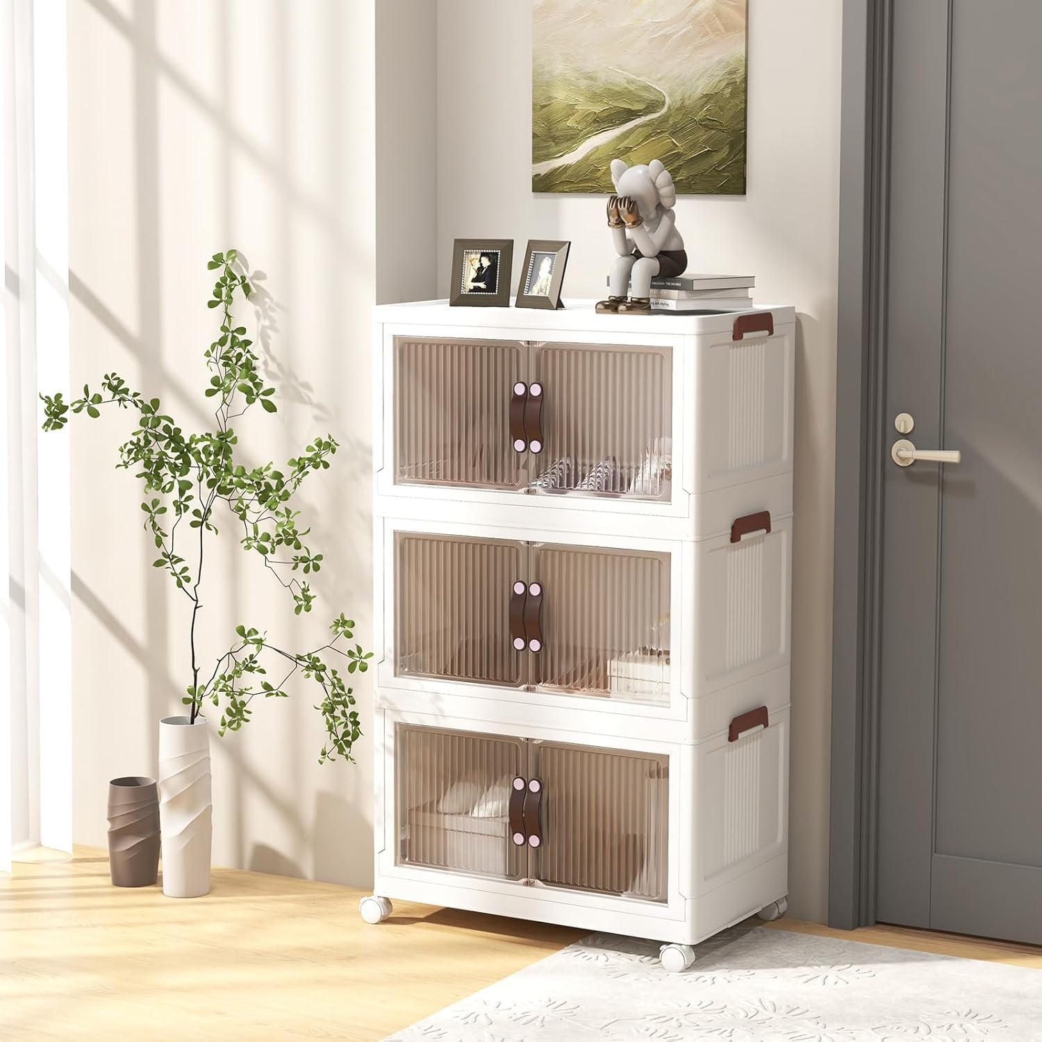 3 Tier Stackable Storage Bins, Collapsible Closet Organizers w/Wheels and Lids, Foldable Cabinet Front and Top Open, Foldable Plastic Containers for Kitchen (60 Gal (25.5" x 16" x 43.5")) - Image 2