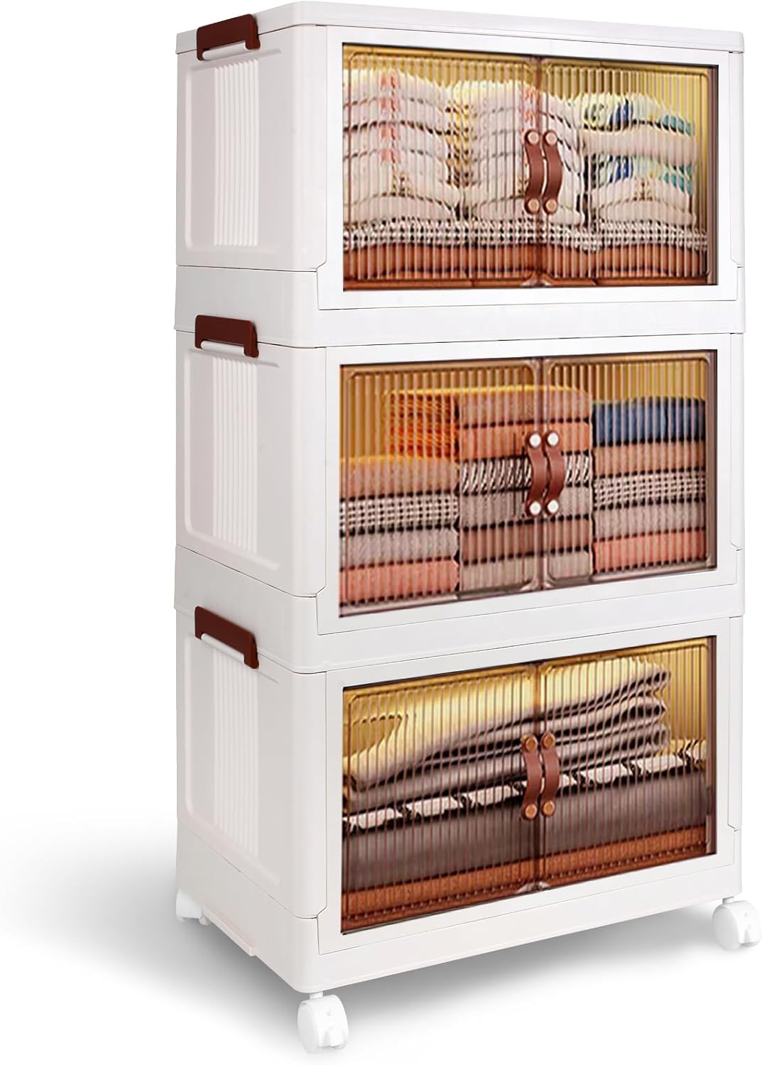 3 Tier Storage Bins with Lids, 34QT Stackable Storage Bins with Wheels, Collapsible Closet Organizers and Storage, Folding Plastic Storage Bins with Doors for Living-room, Office, Dorm