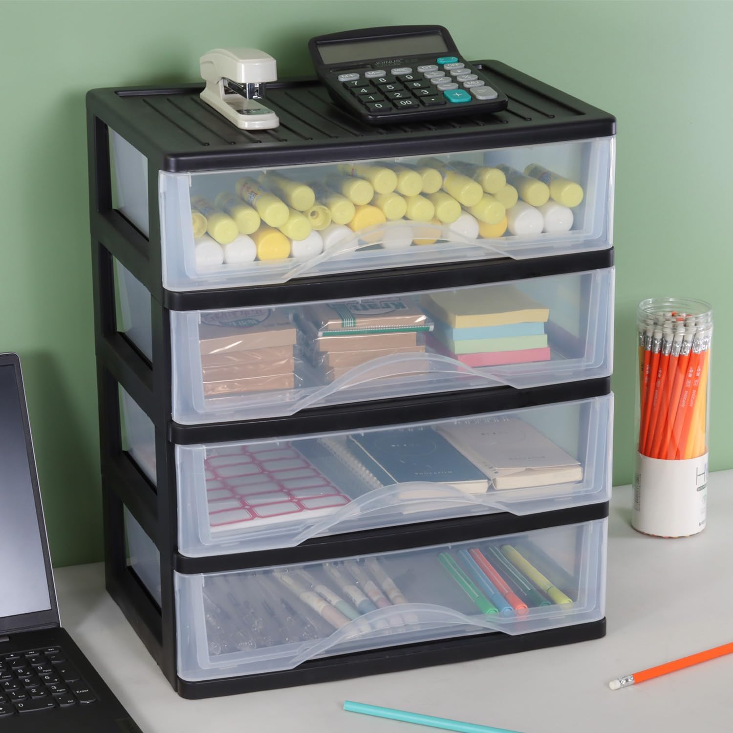 Medium 4 Drawer Clear Stacking Desktop Organizer for Office Supplies,Stackable Storage Drawers Plastic Storage Bins For Kitchen Cabinets, Pantry, Home Organization (Black, Medium 4Drawer) - Image 2