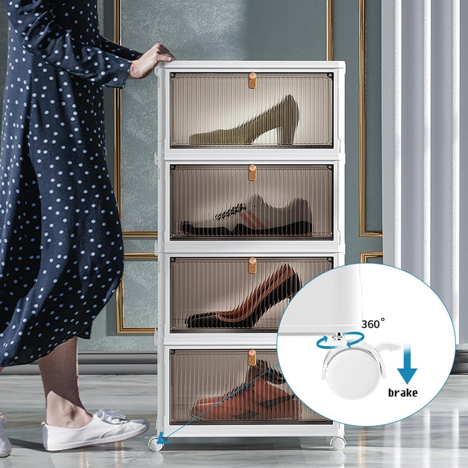 White Stackable Storage Cabinet Box Plastic - Foldable Shoe Rack Rolling Closet Storage Organizer Containers With Lids & Lockable Wheels For Home, Living Room, Office, Dorm Room (4 -Tier) - Image 2