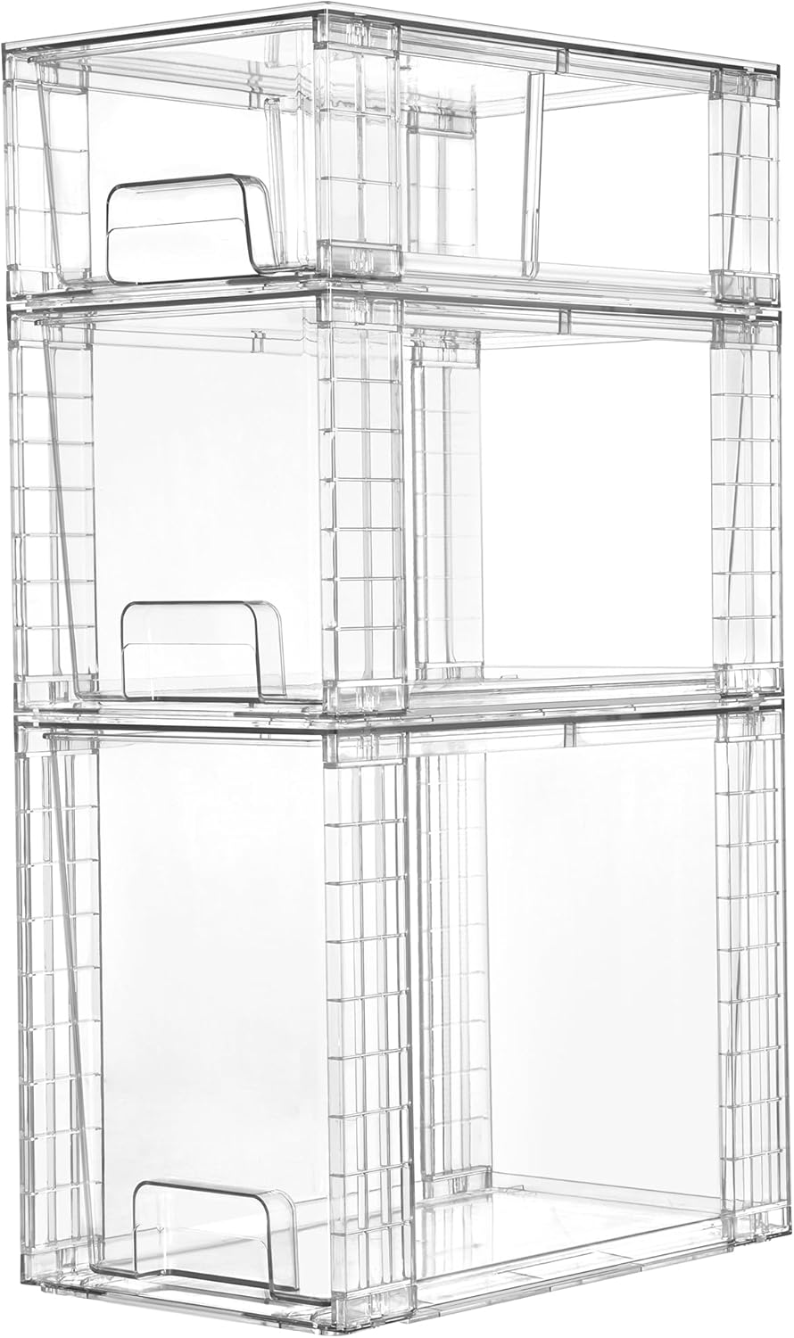 3 Pack Clear Stackable Storage Drawers,Easy to Assemble Bathroom Organizers and Storage with handles,Plastic Drawers for Kitchen Pantry,Cabinet,Under Sink Organization