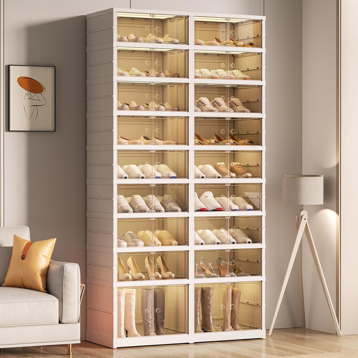 Foldable Shoes Rack Organizer Clear Portable Plastic Shoes Rack for Closet Entryway Shelf Collapsible Large Storage Box Stackable Assembly Cabinet with Lids Door(9-Tier for 18-36 Pairs)