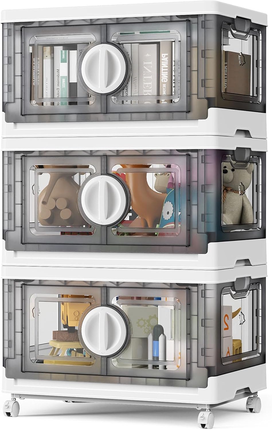 112QT Storage Bins with Lids, Stackable Collapsible Storage Bins with Wheels, Closet Organizers and Storage, Folding Plastic Cabinet with Doors for Home Office Garage, 3Pack White & Grey