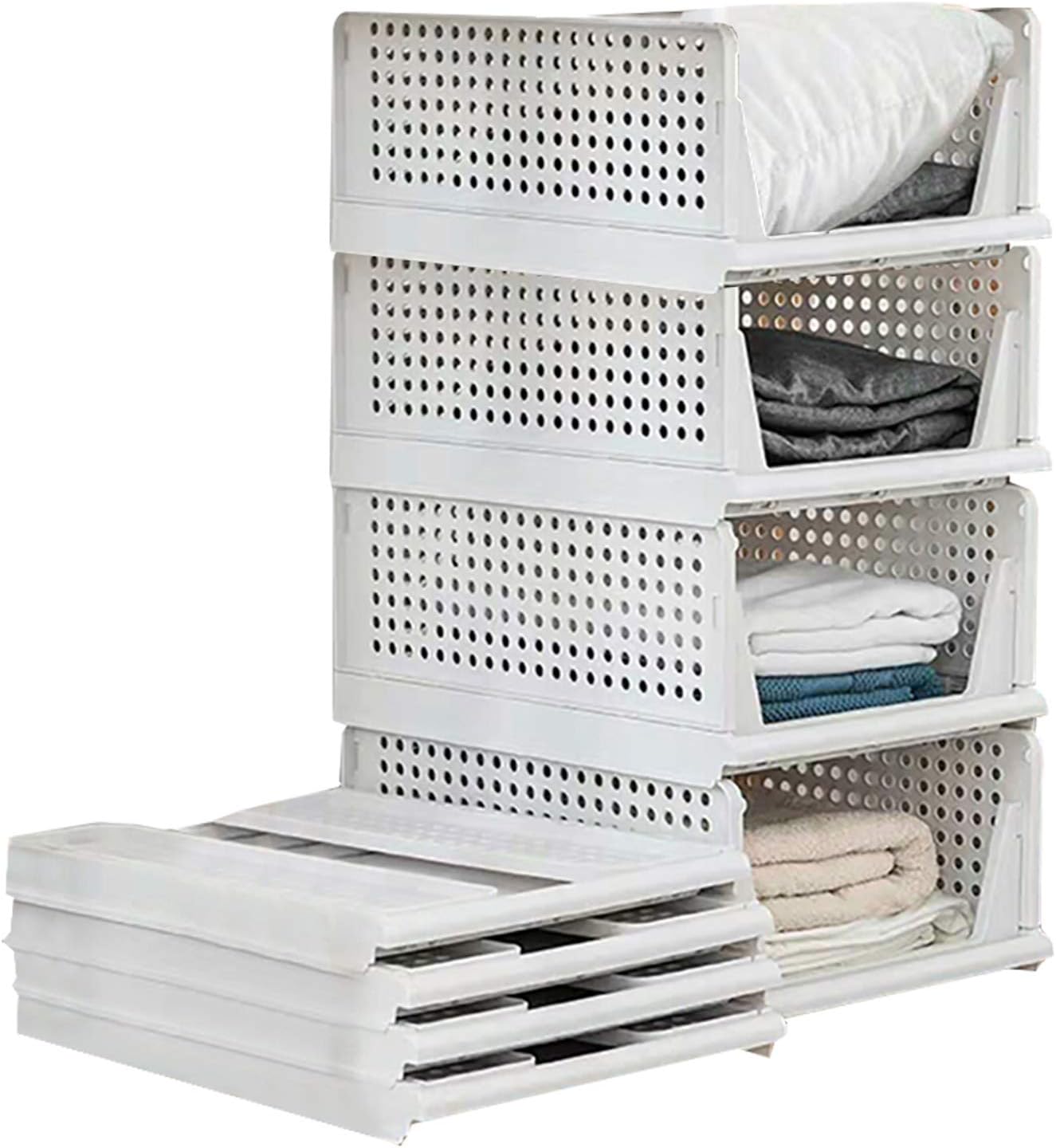 Folding Wardrobe Storage Box 4-Pack Plastic Drawer Organizer Stackable Shelf Baskets Cloth Closet Bin Cubes,Home Office Bedroom Laundry Fold Pull Out Dividers for Clothes,Toys White
