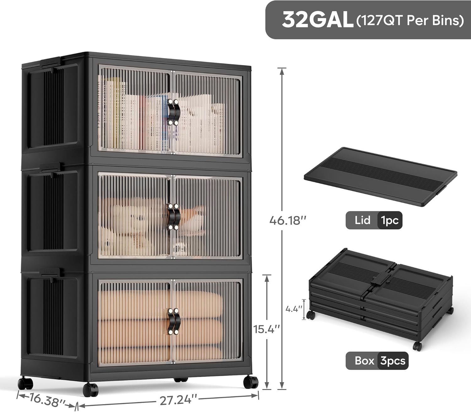 90Gal Large Storage Bins with lids, 360QT Plastic Stackable Storage Containers with Wheels, Collapsible Closet Organizer and Storage Drawers,Clothes Organization for Cabinet Home, 3Pack Black - Image 2
