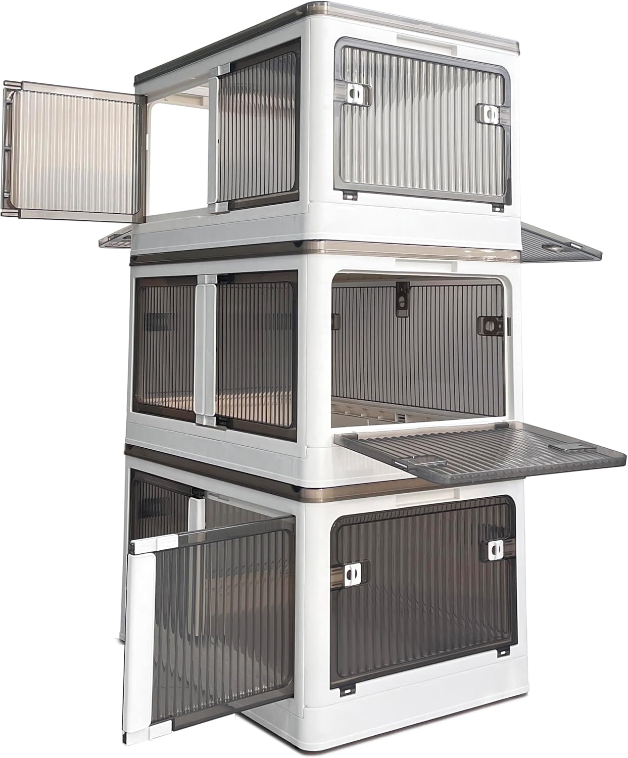Stackable Storage Bins with Doors - 3 Tier 80Qt Each Plastic Collapsible Storage Bins with Wheels, Foldable Storage Cabinet for Closet Organizers(60 Gal/240 Qt)