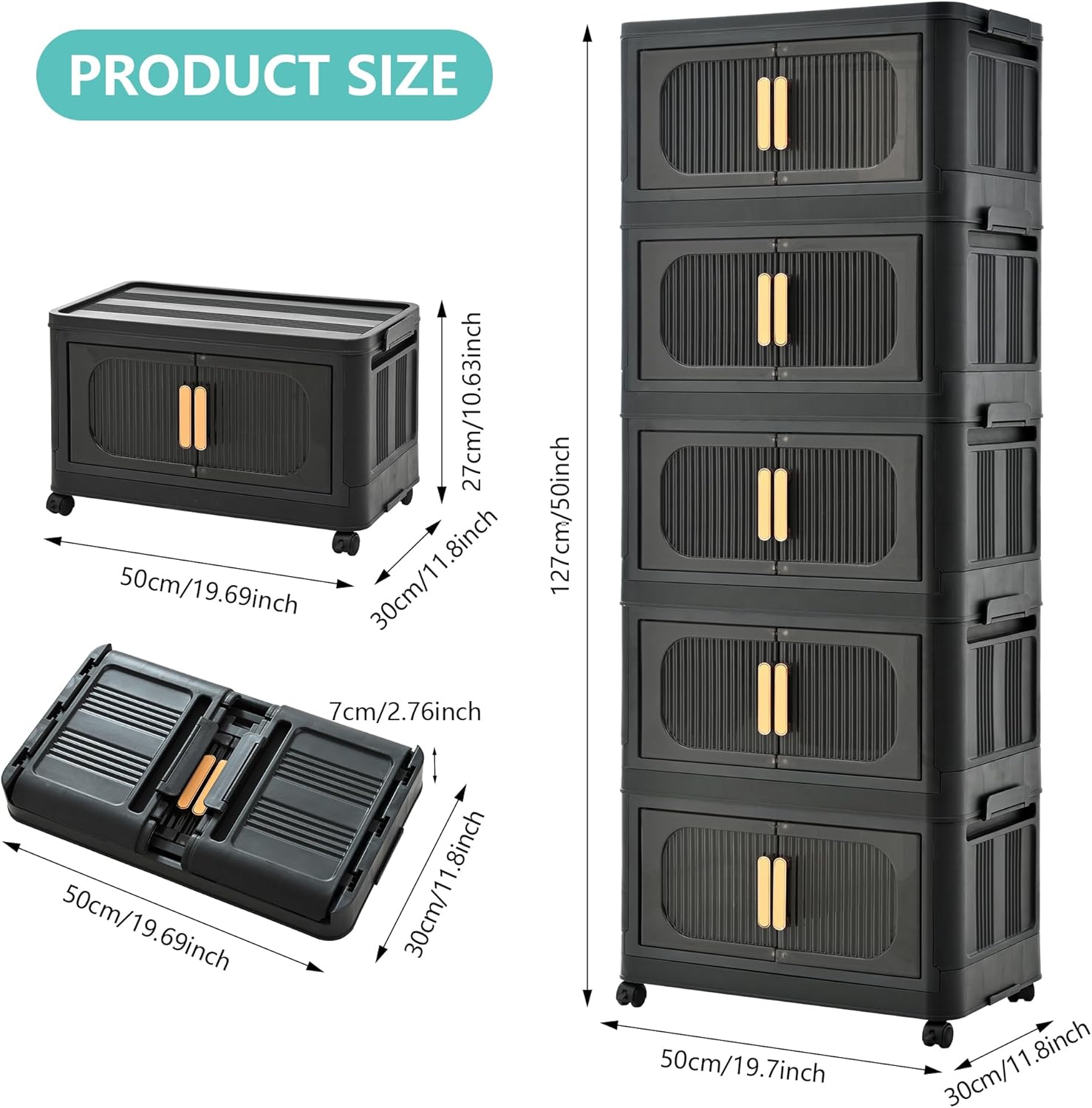 195 QT Collapsible Closet Organizers with Lid, 5 Tiers Stackable Plastic Storage Bins Cabinet with Wheels and Magnetic Door (Black) - Image 2