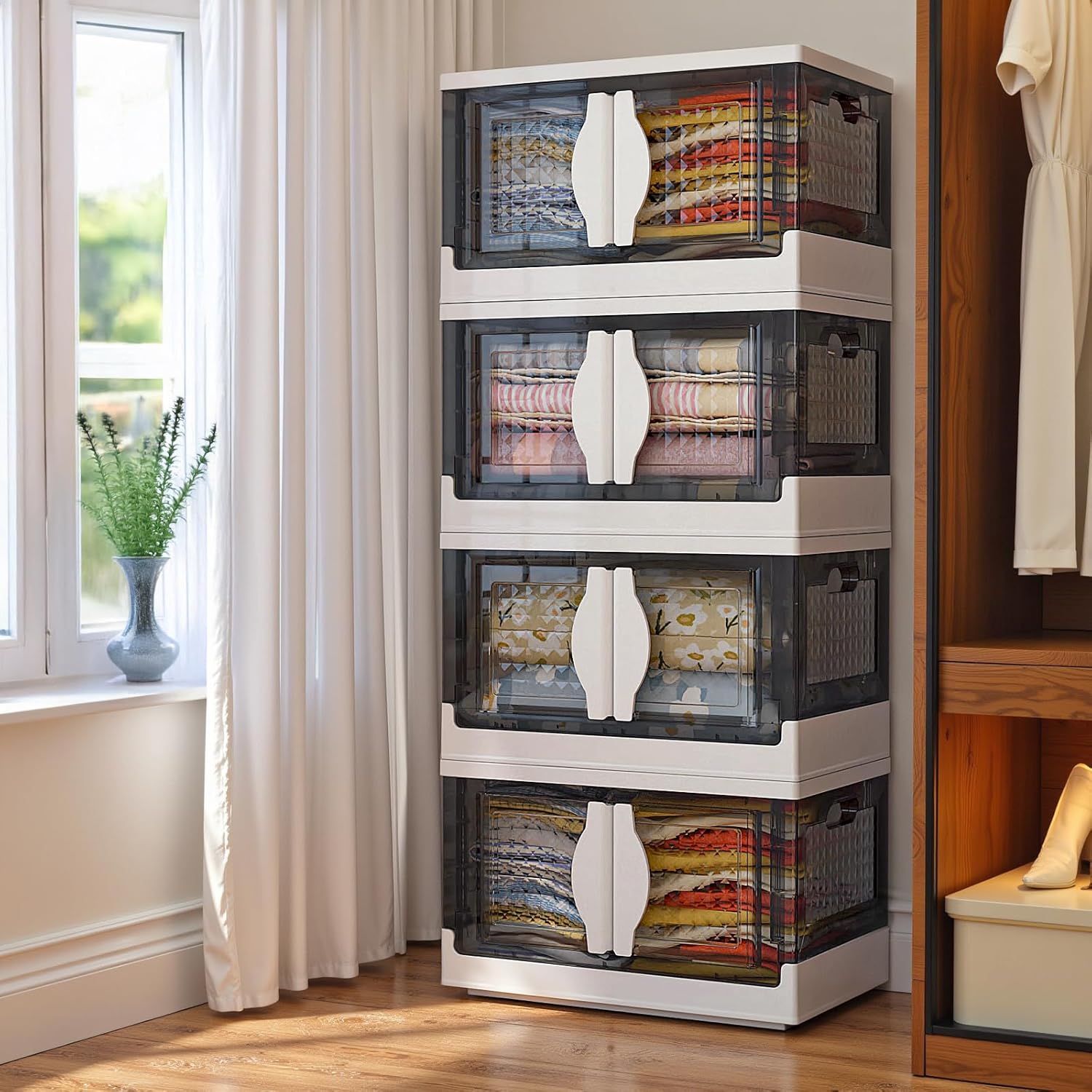 Stackable Plastic Storage Bins with Lids 180QT, Collapsible Closet Organizers and Storage with Wheels, Foldable Organization and Storage Cabinet, Storage Containers for Home 4 Pack