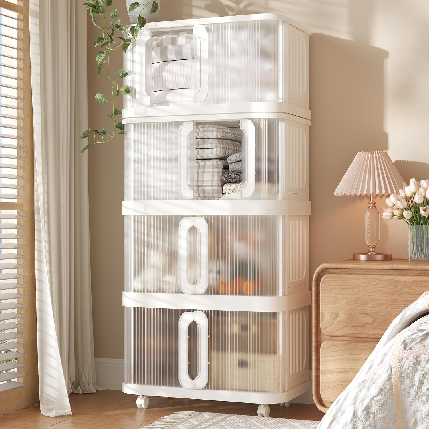360 QT Stackable Storage Bins with Lid, Folding Storage box with Wheels, Collapsible Plastic Storage Bins for Closets, Stackable Storage Organizer, Storage Containers, 4Pack, White