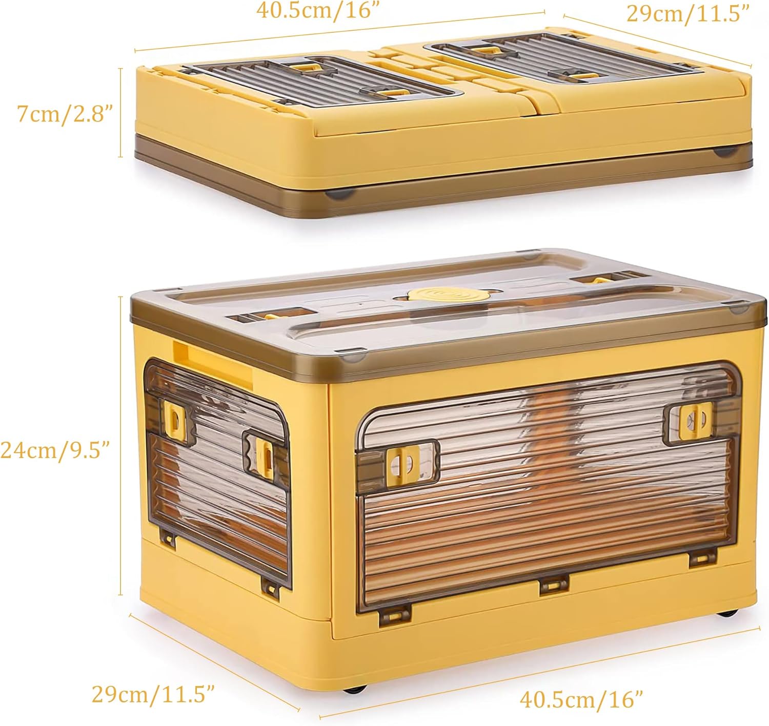 Folding Storage Bins, 28 Liters, 2 Pcs Yellow Plastic Storage Containers with Wheels, Four Doors, Foldable, Stackable, Plastic Box with Lids for Organization, Storage Cart - Image 2