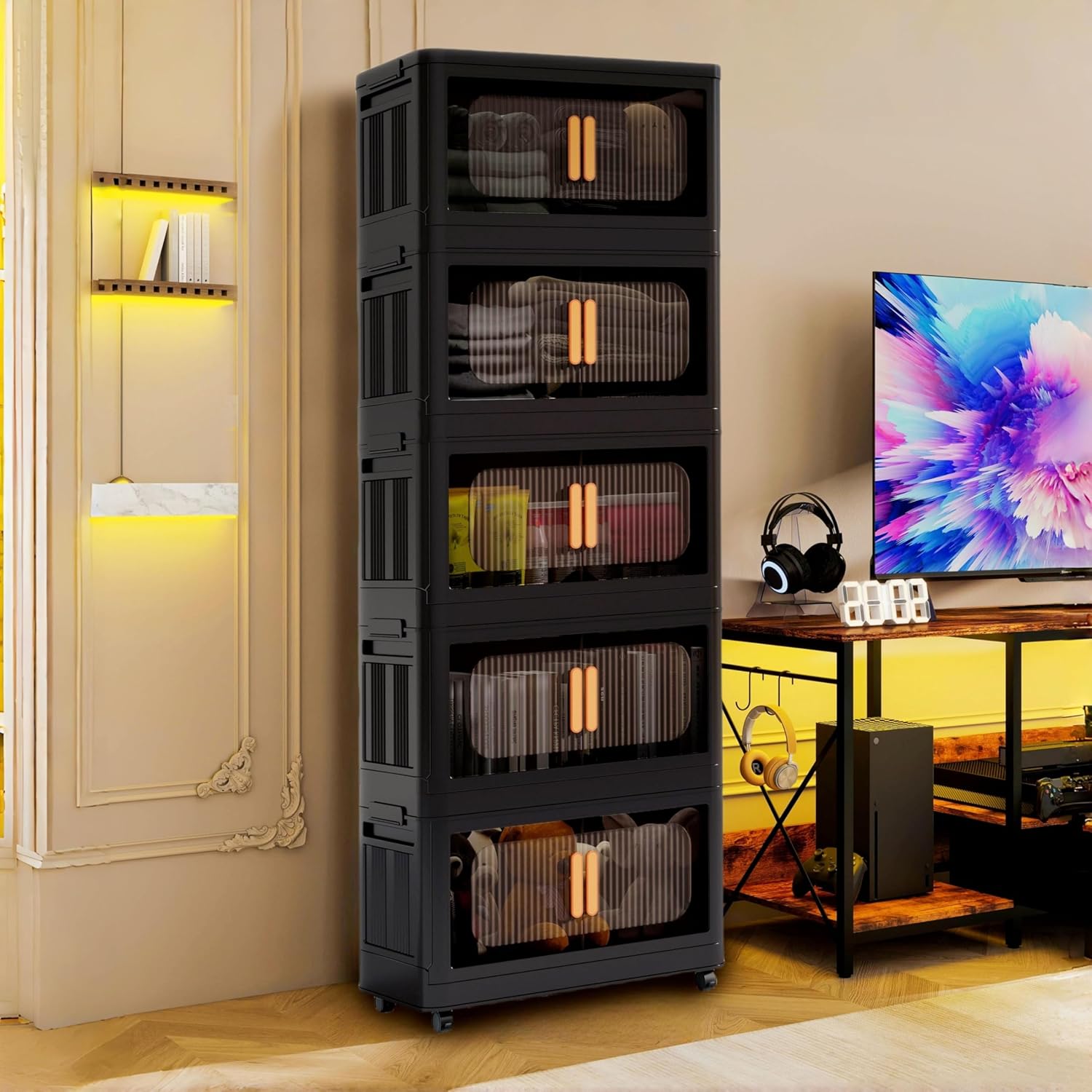 195 QT Collapsible Closet Organizers with Lid, 5 Tiers Stackable Plastic Storage Bins Cabinet with Wheels and Magnetic Door (Black)