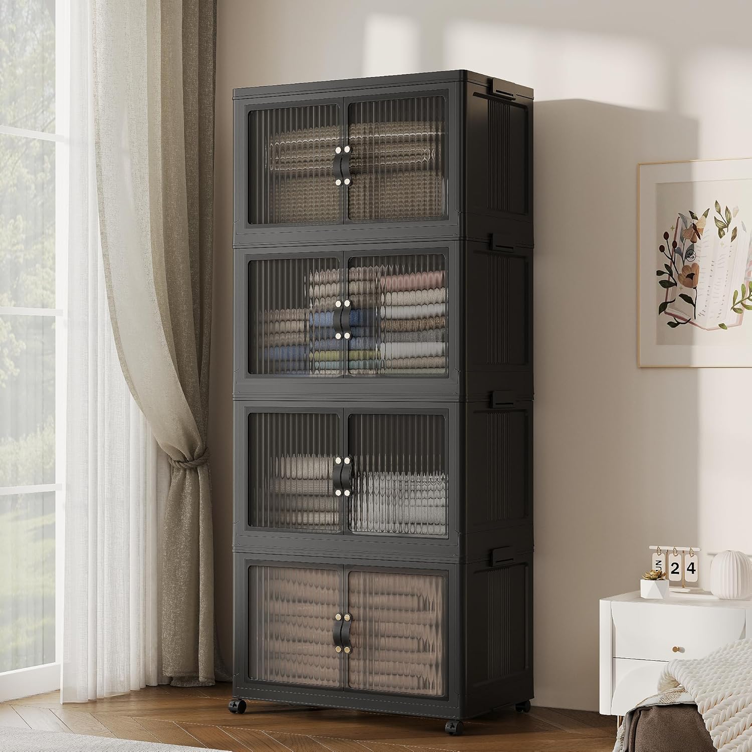 105Gal Extra Large Storage Bins with Lids, 420QT Stackable Collapsible Bins with Doors Wheels, Closet Organizers and Storage, Foldable Plastic Box Cabinet for Home Garage, 4Pack Black