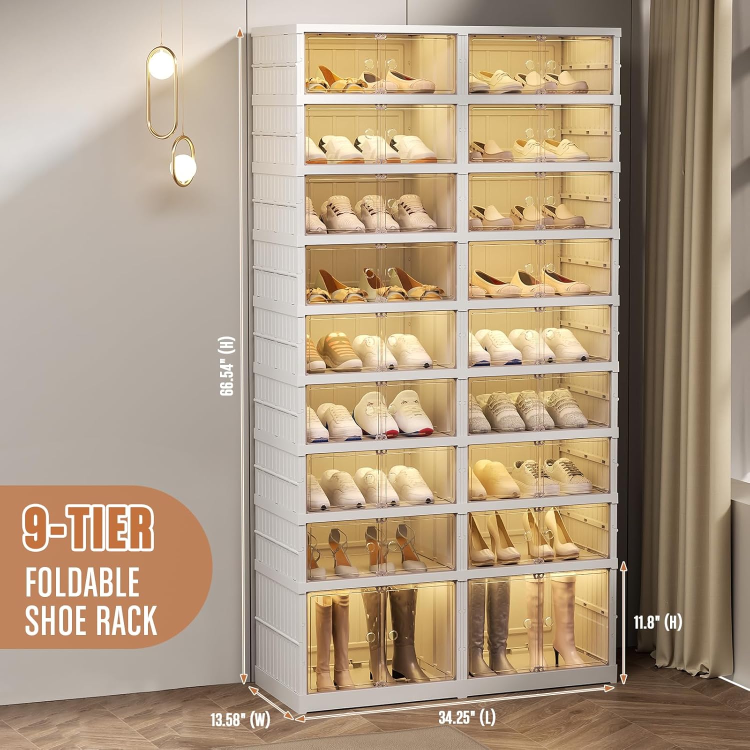 Foldable Shoes Rack Organizer Clear Portable Plastic Shoes Rack for Closet Entryway Shelf Collapsible Large Storage Box Stackable Assembly Cabinet with Lids Door(9-Tier for 18-36 Pairs) - Image 2