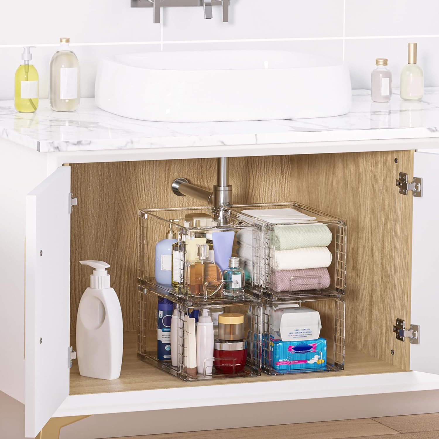 4 Pack Large Stackable Storage Drawers,Easily Assemble Acrylic Bathroom Closet Undersink Organizers and Storage,Plastic Bins for Kitchen Cabinets,Pantry,Makeup,Medicine Organization - Image 2